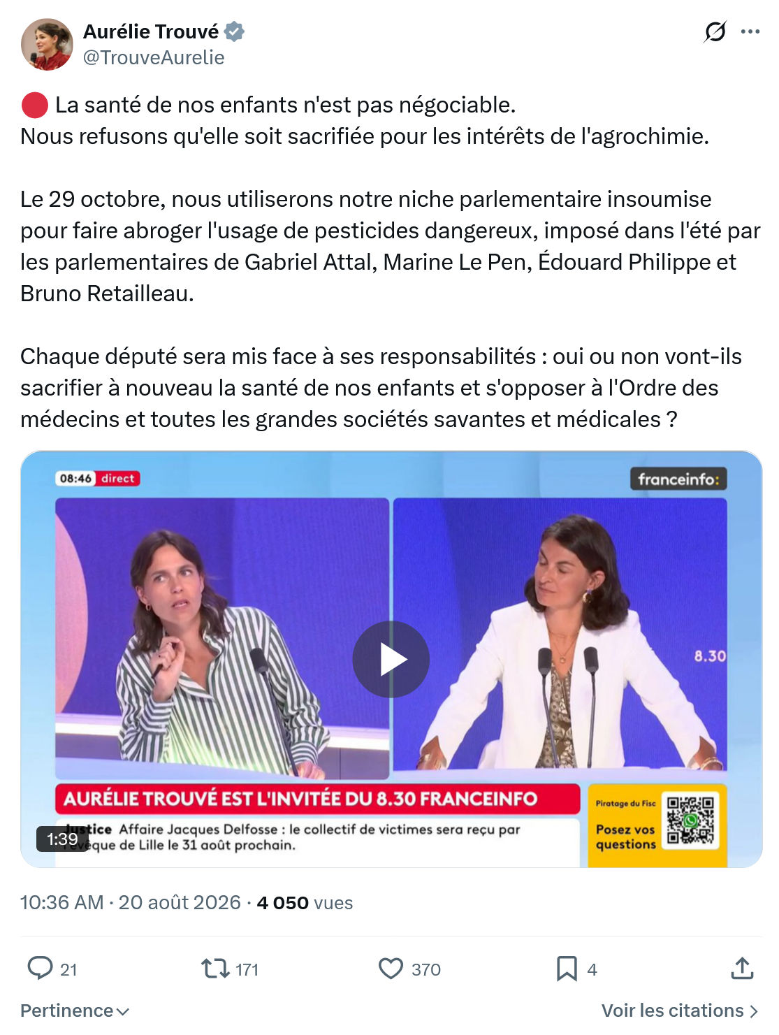 Aurélie Trouvé: La santé de nos enfants n'est pas négociable...
