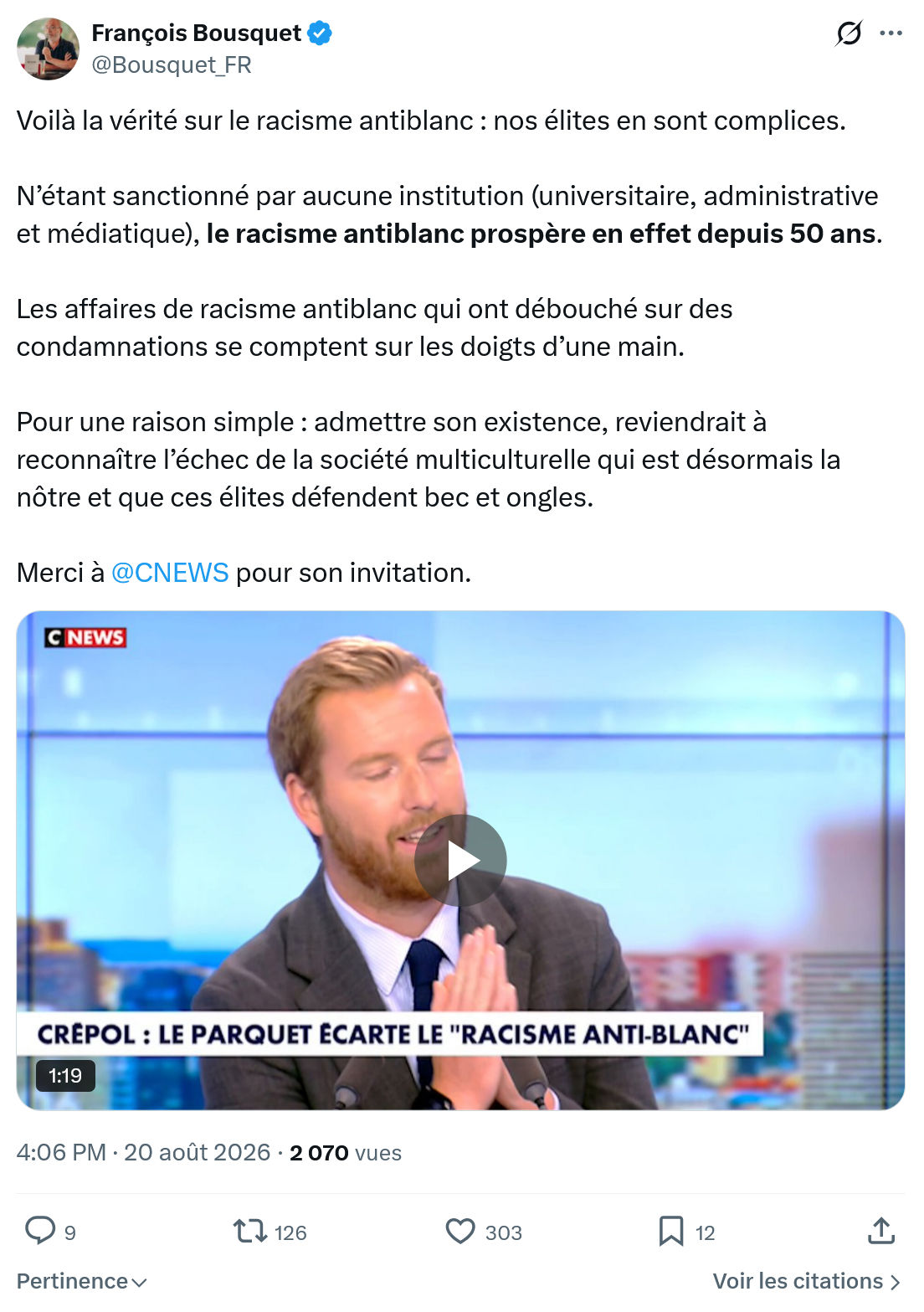 François Bousquet: Voilà la vérité sur le racisme antiblanc...