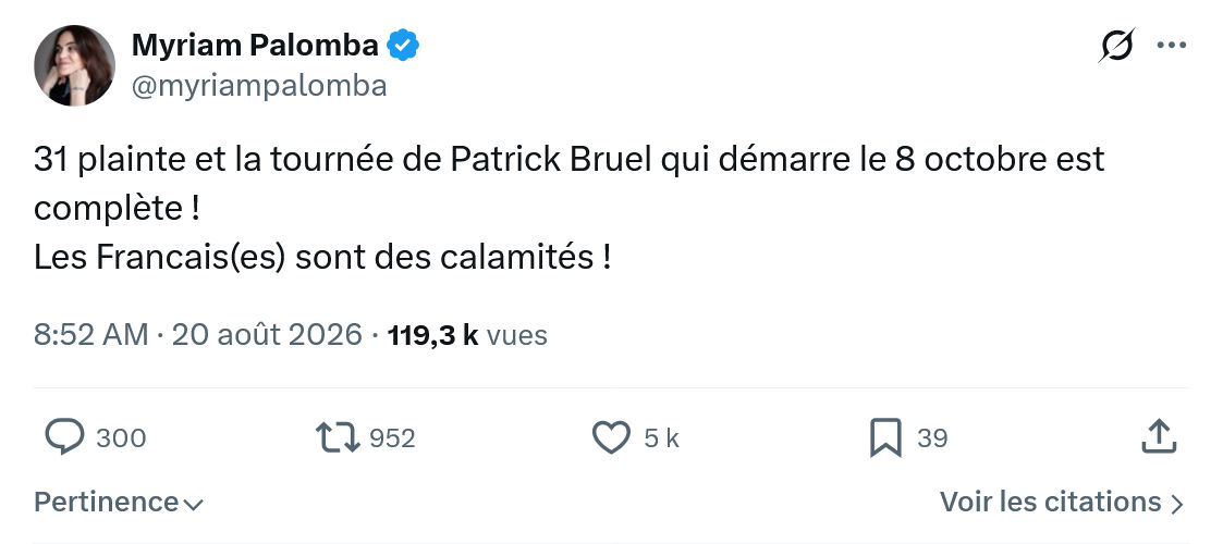 Myriam Palomba: 31 plainte et la tournée de Patrick Bruel...