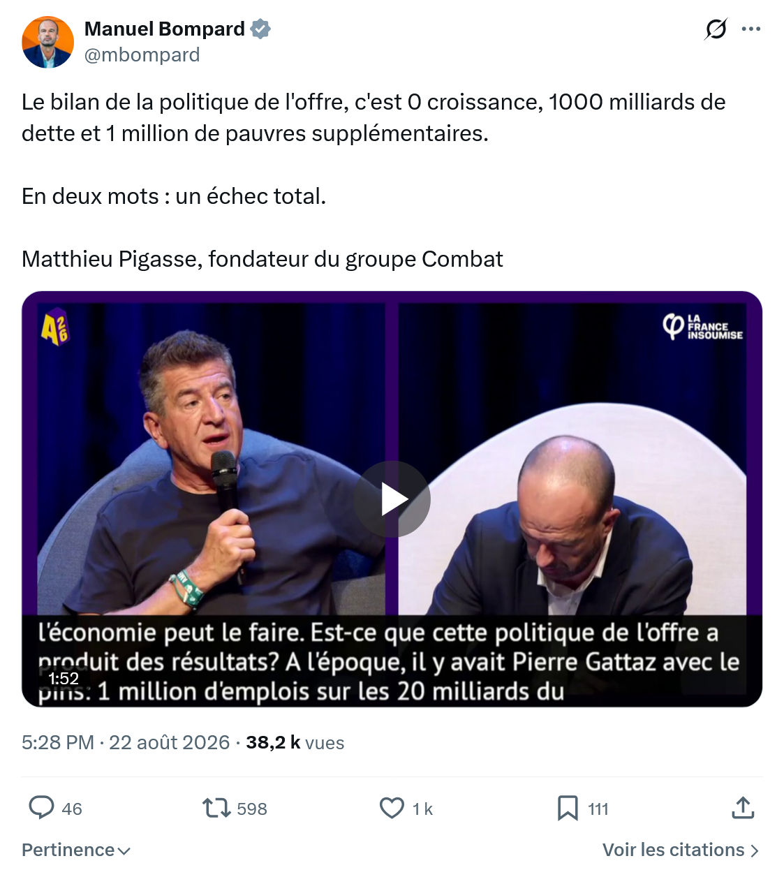 Manuel Bompard: Le bilan de la politique de l'offre...