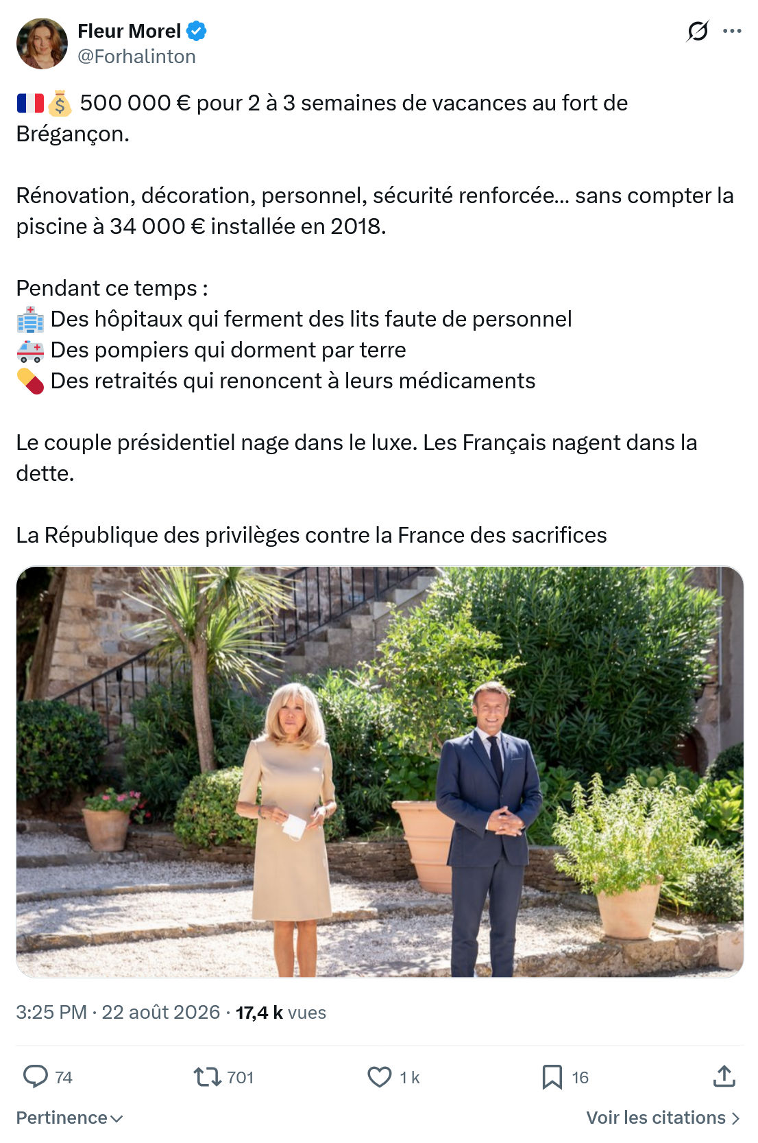 Fleur Morel: 500 000 € pour 2 à 3 semaines...