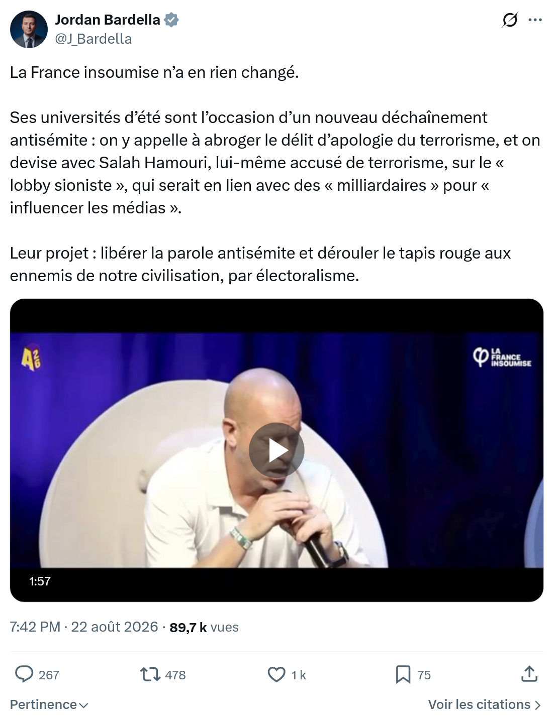 Jordan Bardella: La France insoumise n’a en rien changé...