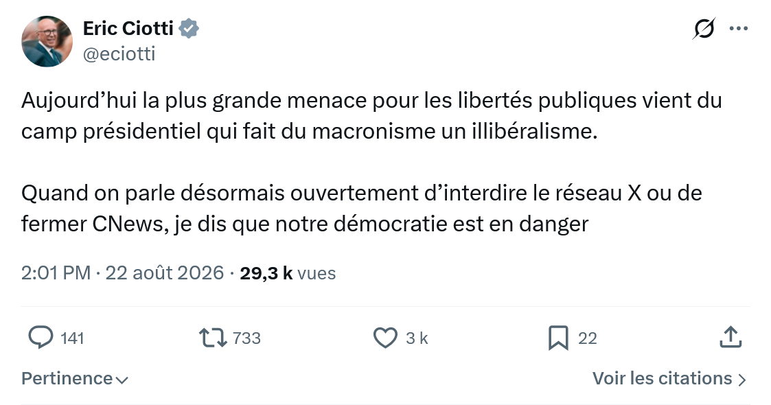 Éric Ciotti: Aujourd’hui la plus grande menace...