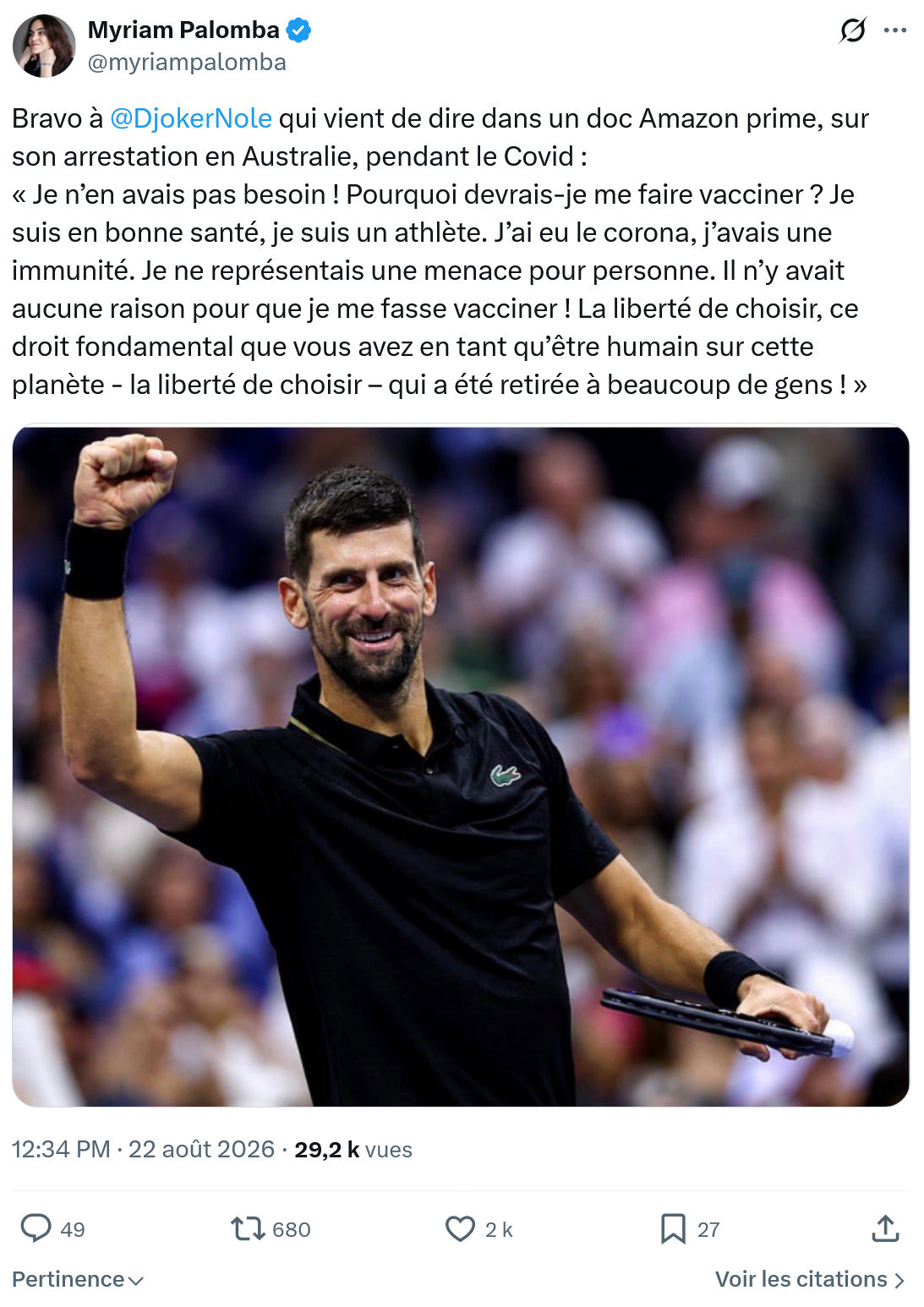 Myriam Palomba: Bravo à @DjokerNole qui vient...