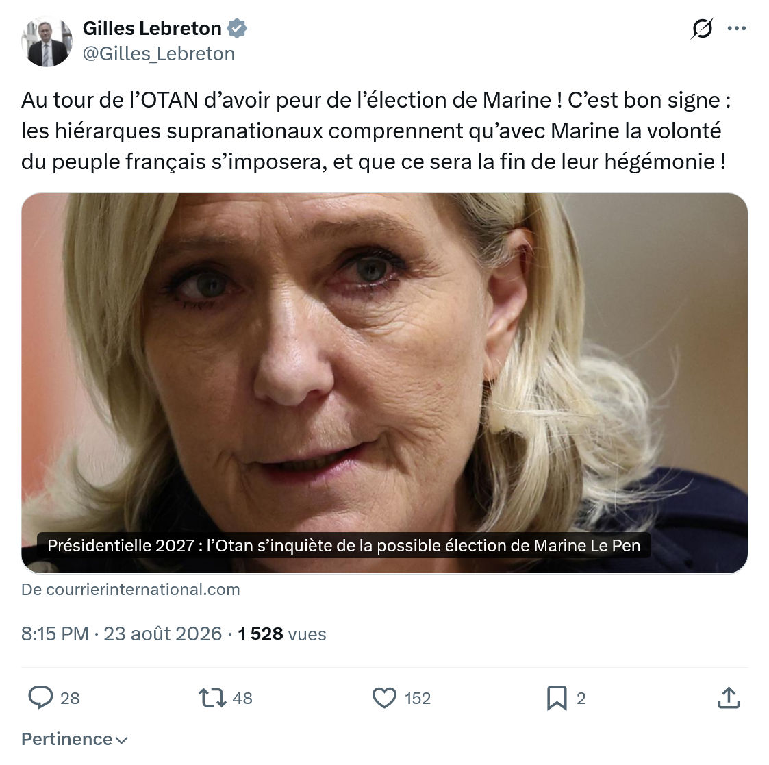 Gilles Lebreton: Au tour de l’OTAN d’avoir peur de l’élection...