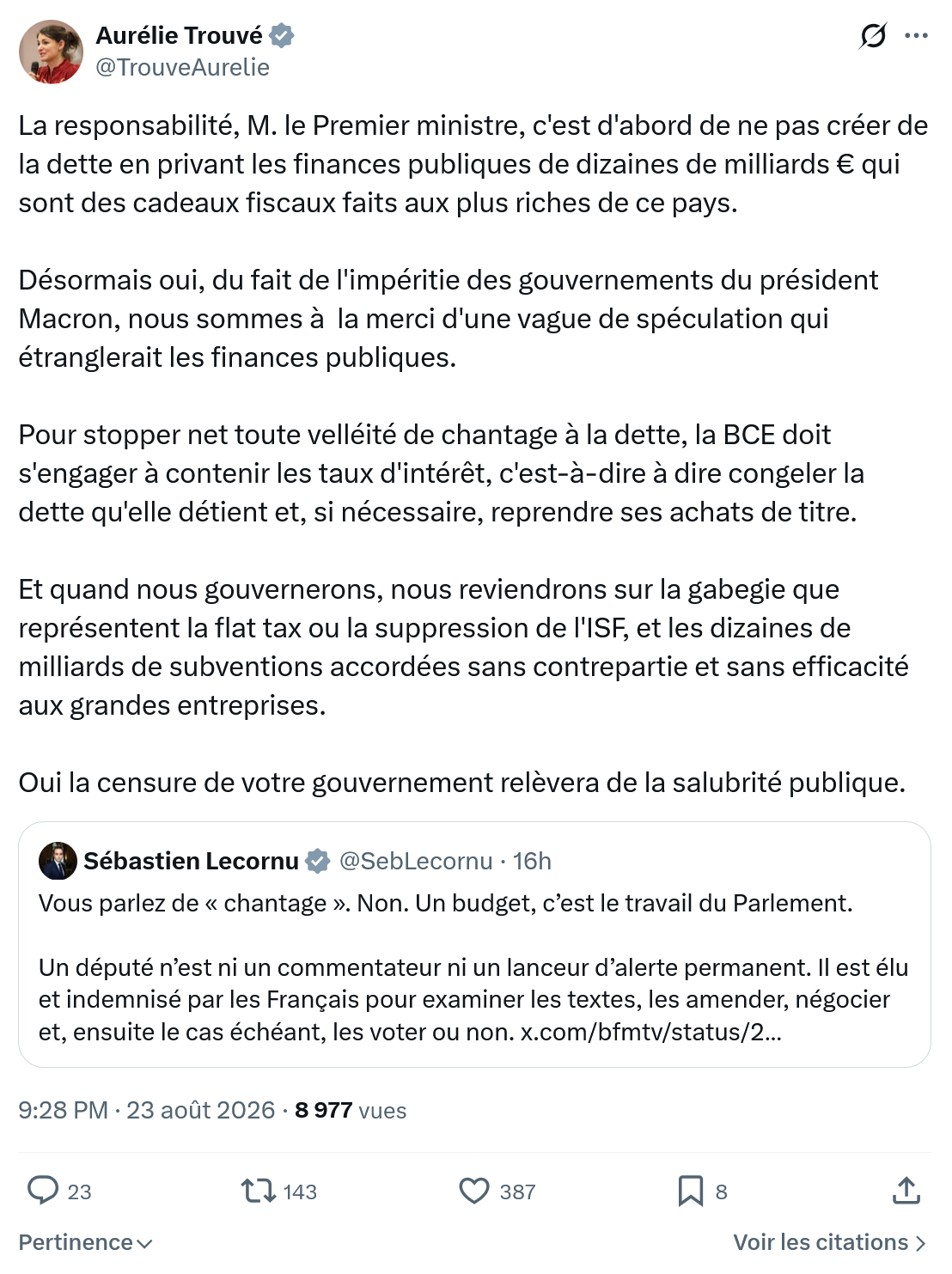 Aurélie Trouvé: La responsabilité, M. le Premier ministre...