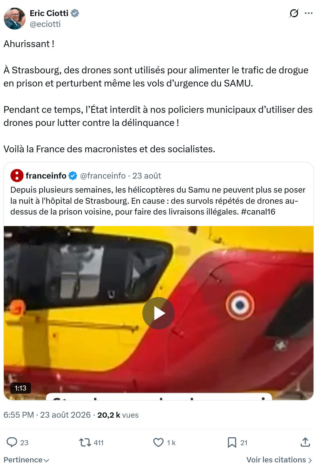 Éric Ciotti: À Strasbourg, des drones sont utilisés...