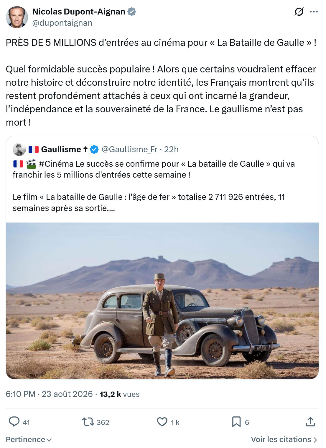 Nicolas Dupont-Aignan: PRÈS DE 5 MILLIONS d’entrées au cinéma...