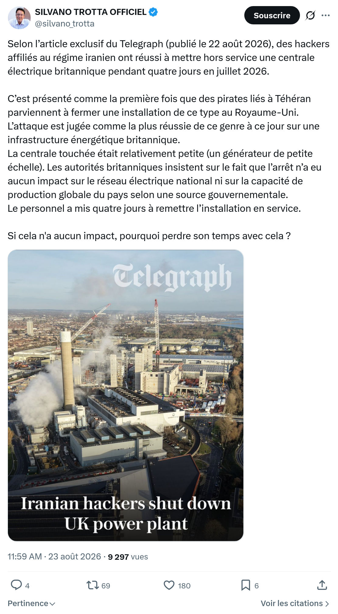 Silvano Trotta: Selon l’article exclusif du Telegraph...