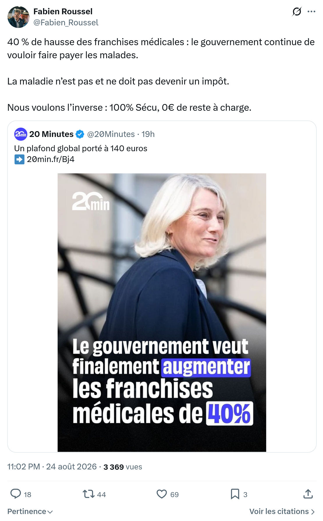 Fabien Roussel: 40 % de hausse des franchises médicales...
