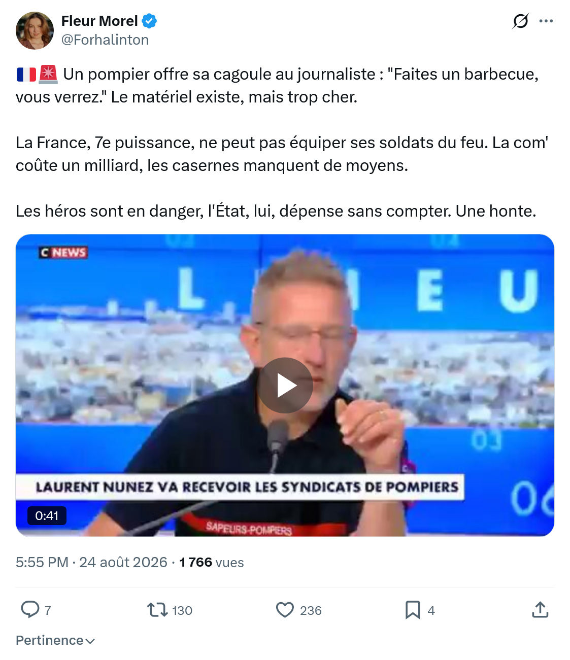 Fleur Morel: Un pompier offre sa cagoule au journaliste...