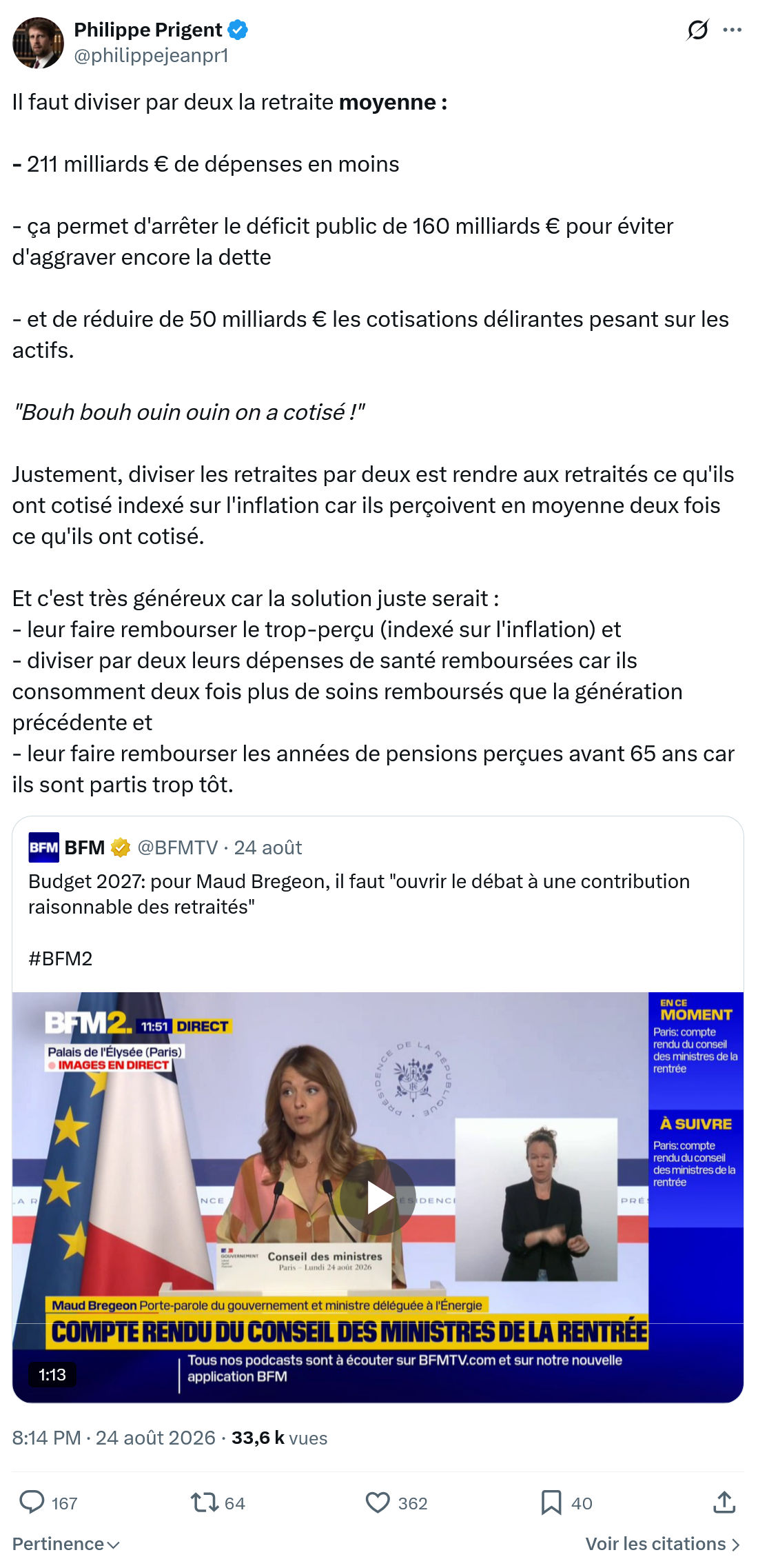 Philippe Prigent: Il faut diviser par deux la retraite moyenne...