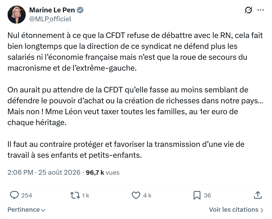 Marine Le Pen: Nul étonnement à ce que la CFDT...
