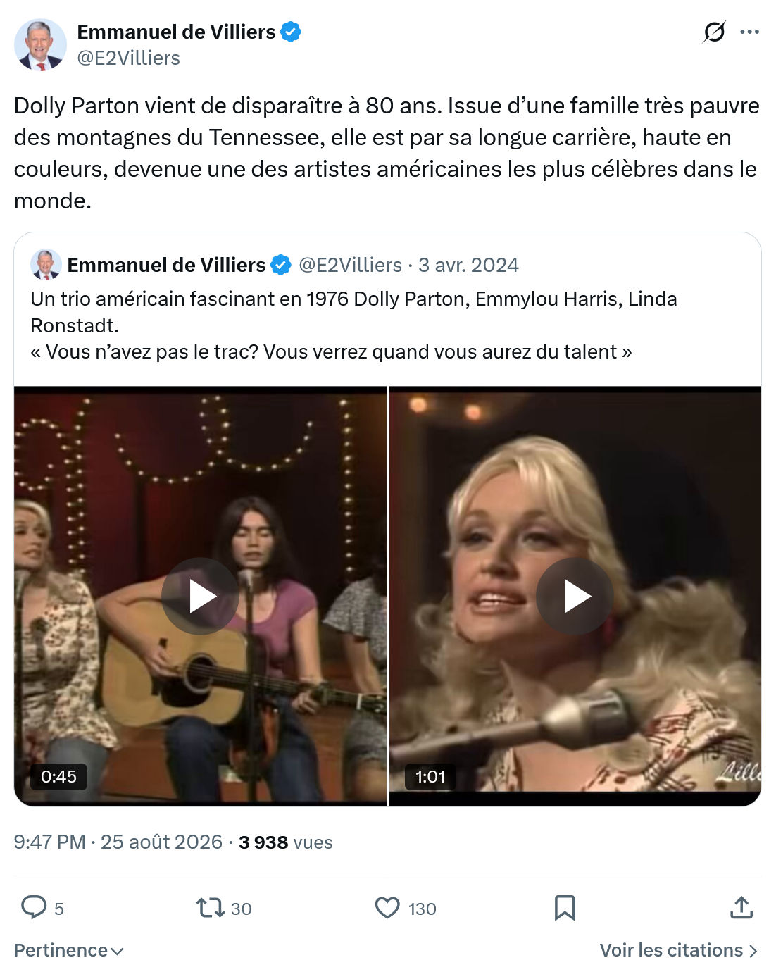 Emmanuel de Villiers: Dolly Parton vient de disparaître à 80 ans...
