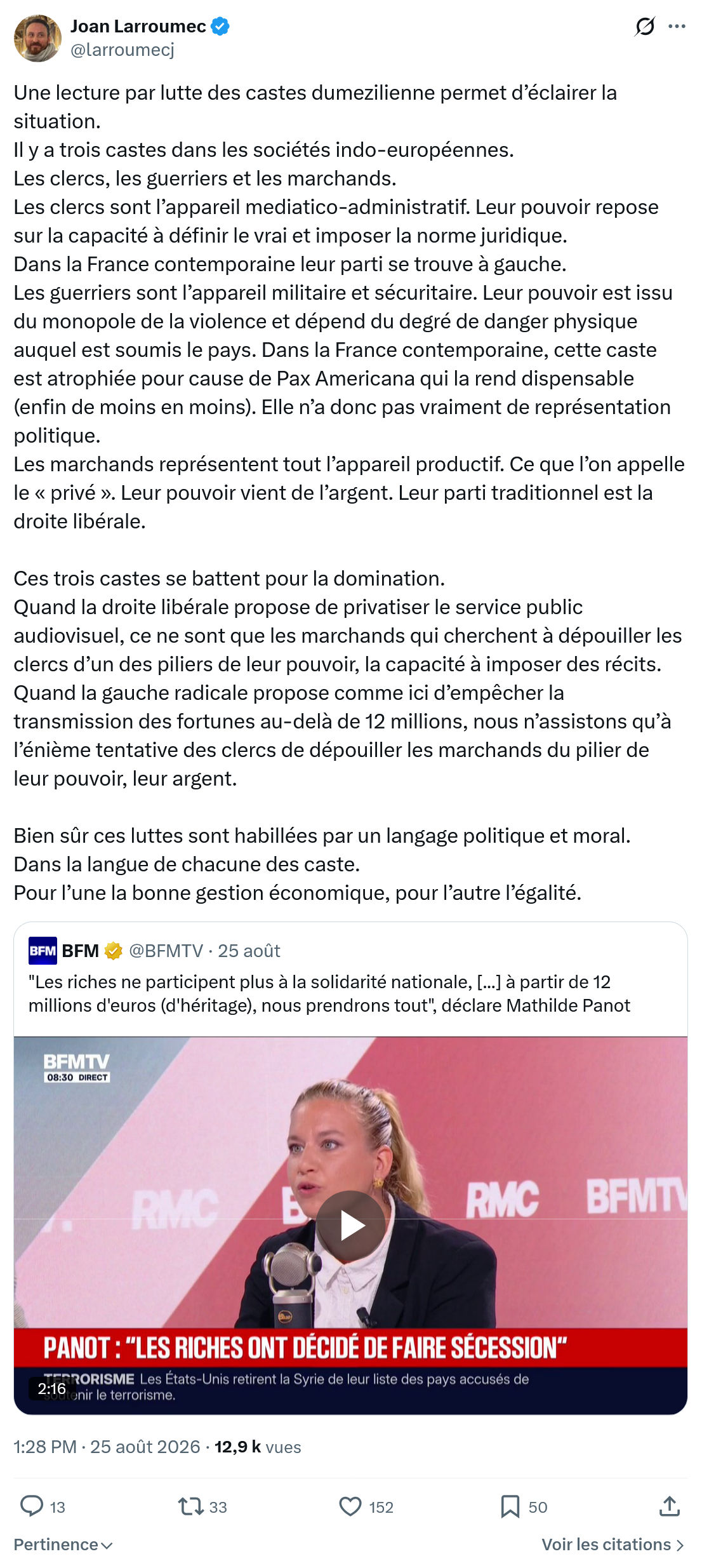 Joan Larroumec: Une lecture par lutte des castes dumezilienne...