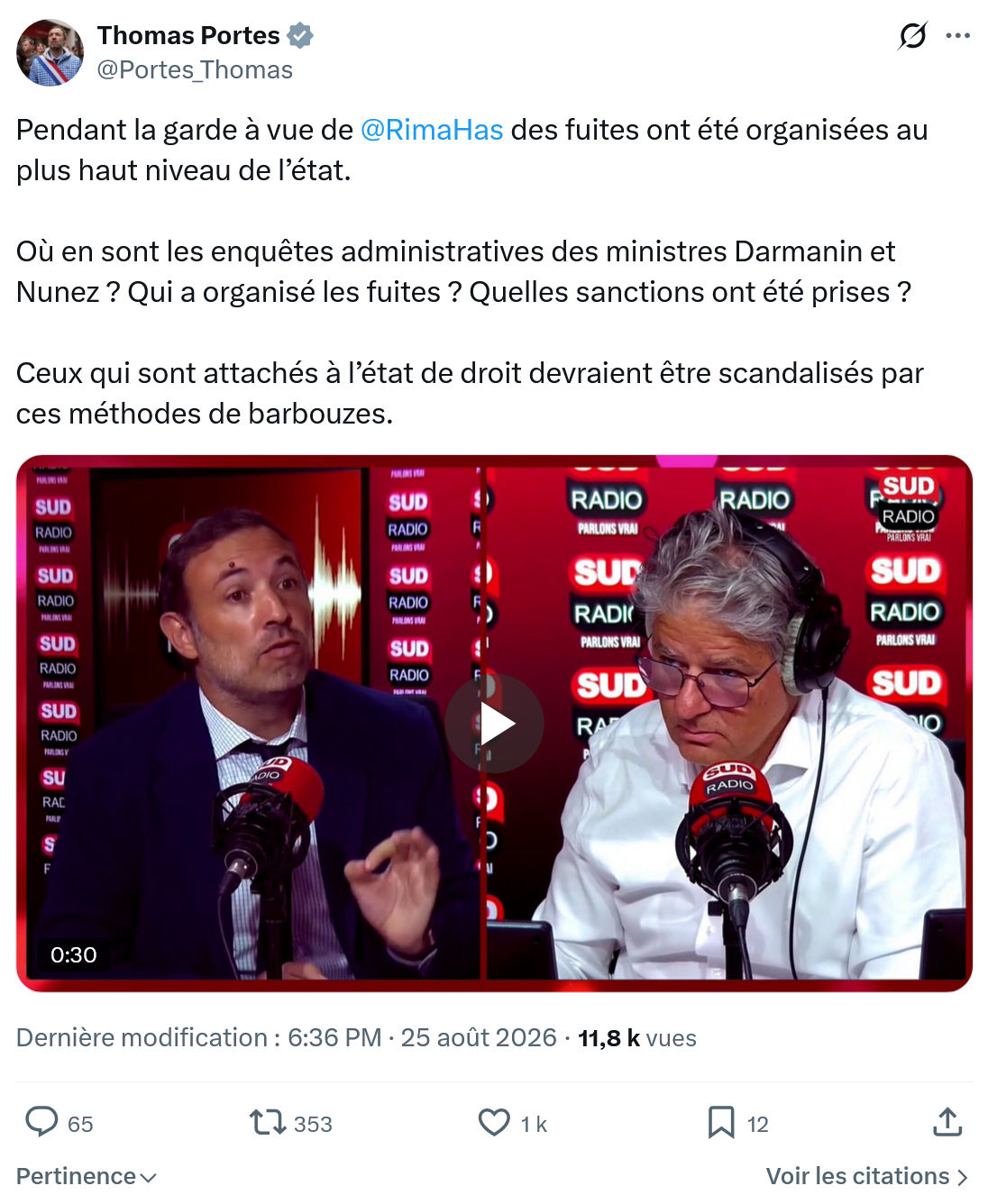 Thomas Portes: Pendant la garde à vue de @RimaHas...