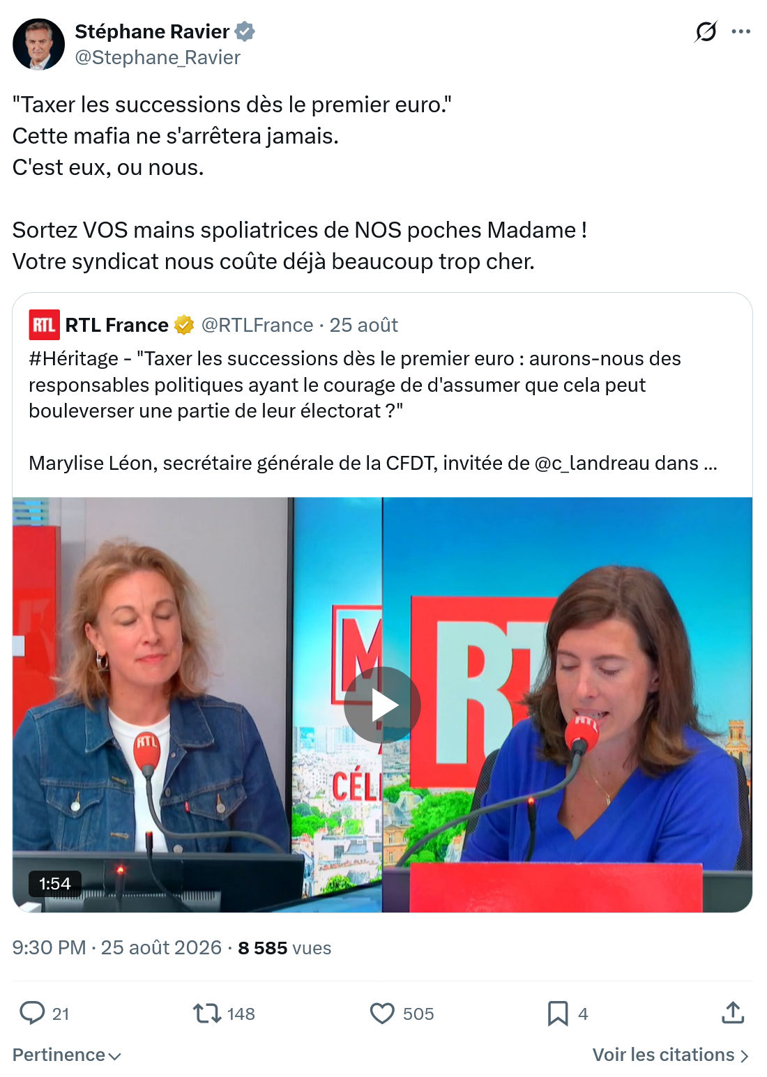 Stéphane Ravier: "Taxer les successions dès le premier euro."...