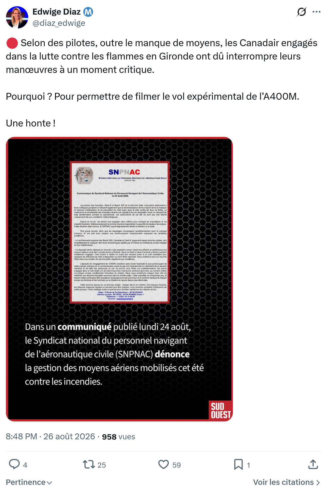 Edwige Diaz: Selon des pilotes, outre le manque de moyens...