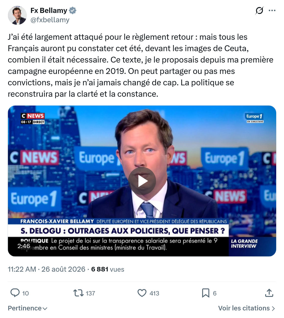 Fx Bellamy: J’ai été largement attaqué...