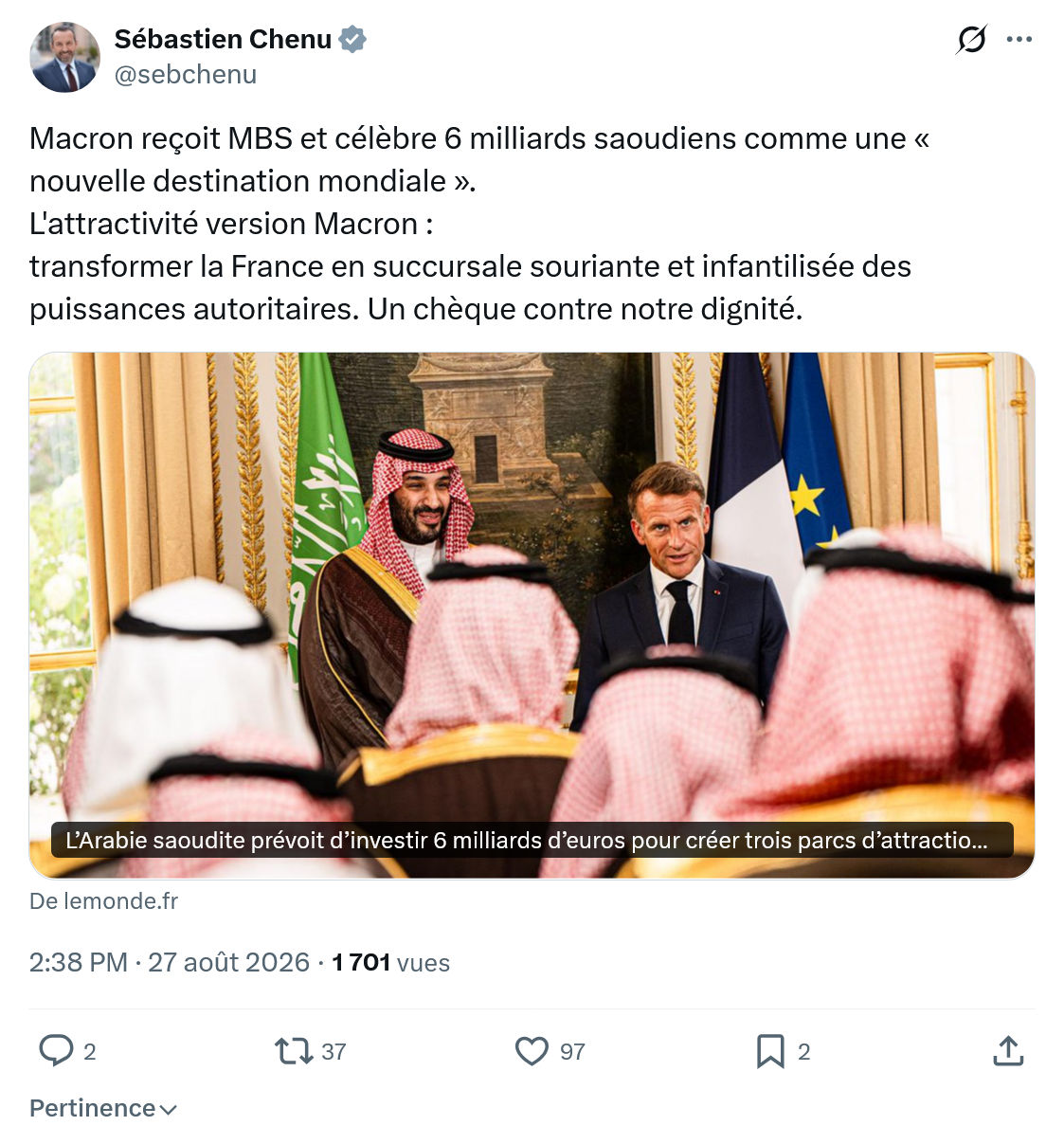 Sébastien Chenu: Macron reçoit MBS et célèbre...