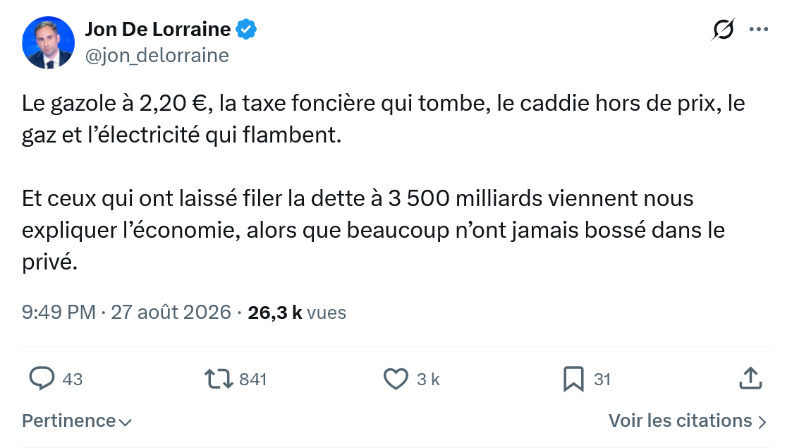 Jon De Lorraine: Le gazole à 2,20 €, la taxe foncière...