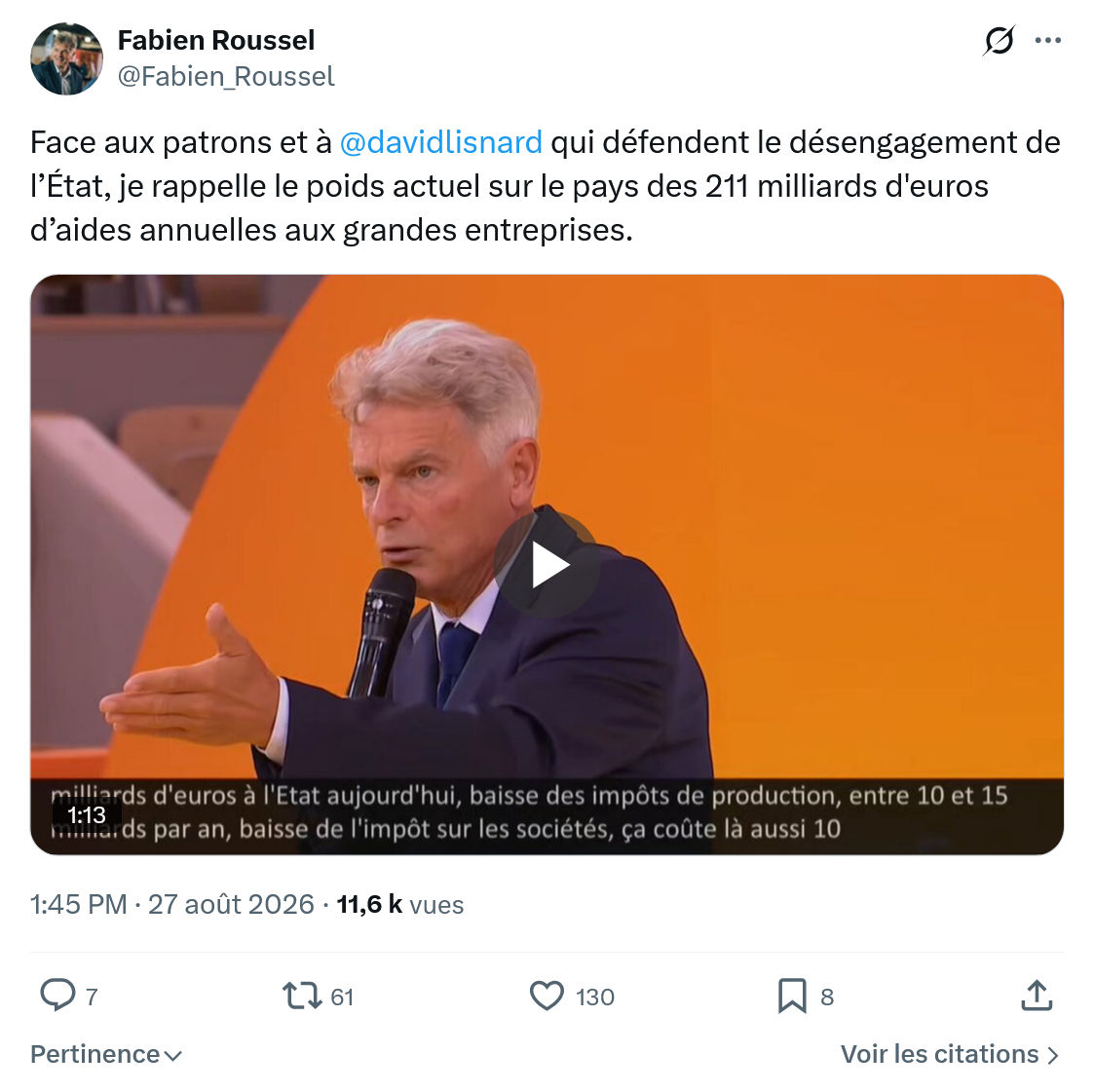 Fabien Roussel: Face aux patrons et à @davidlisnard...