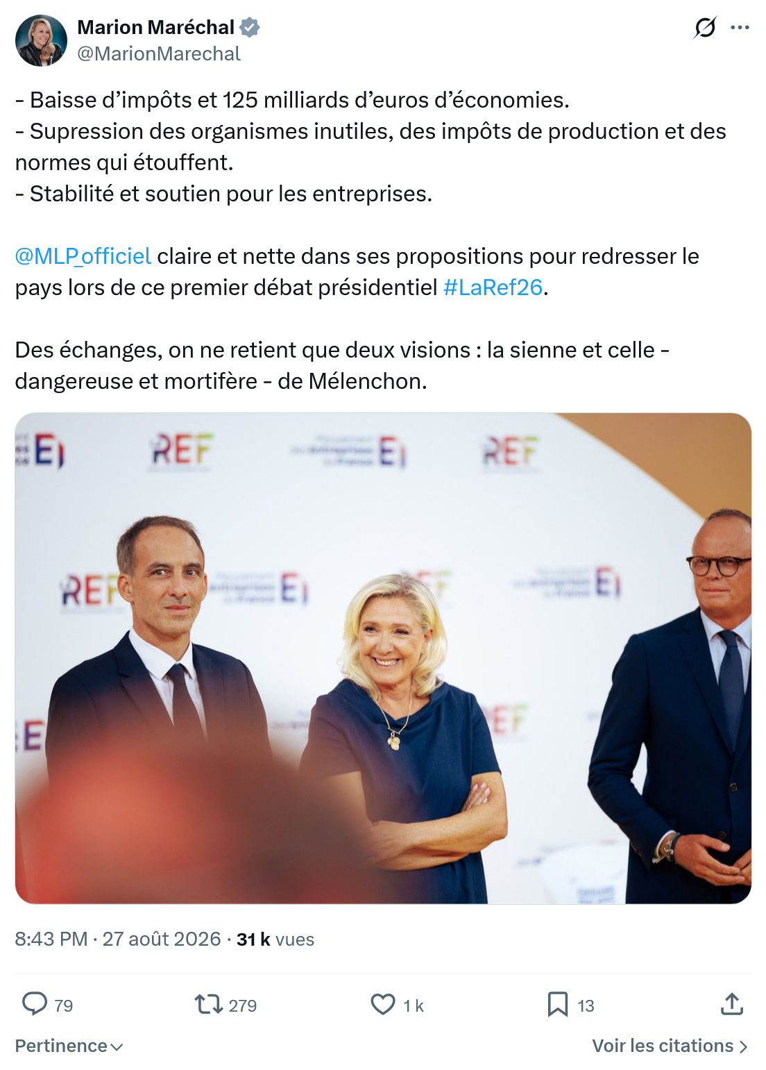 Marion Maréchal- Le Pen: Baisse d’impôts et 125 milliards...
