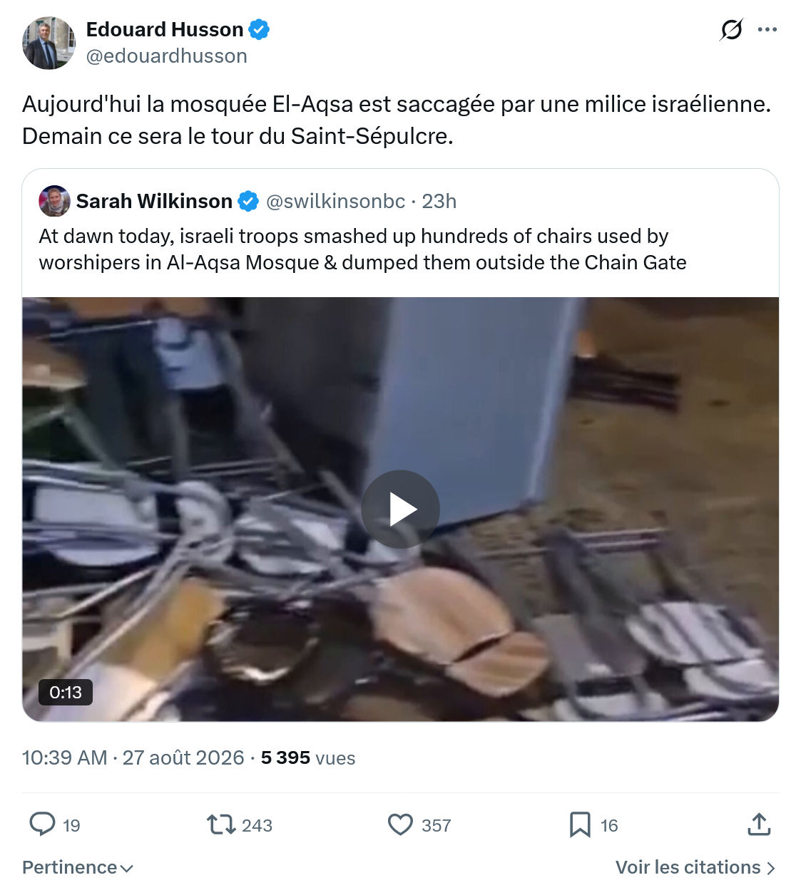 Édouard Husson: Aujourd'hui la mosquée El-Aqsa...