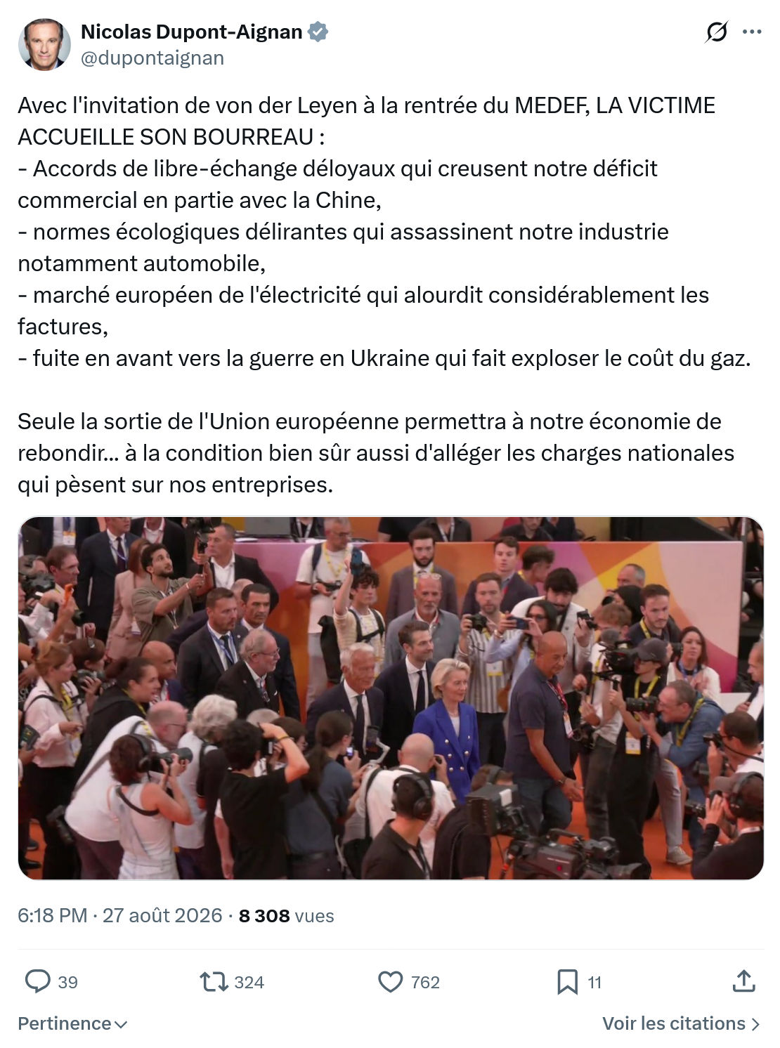 Nicolas Dupont-Aignan: Avec l'invitation de von der Leyen...