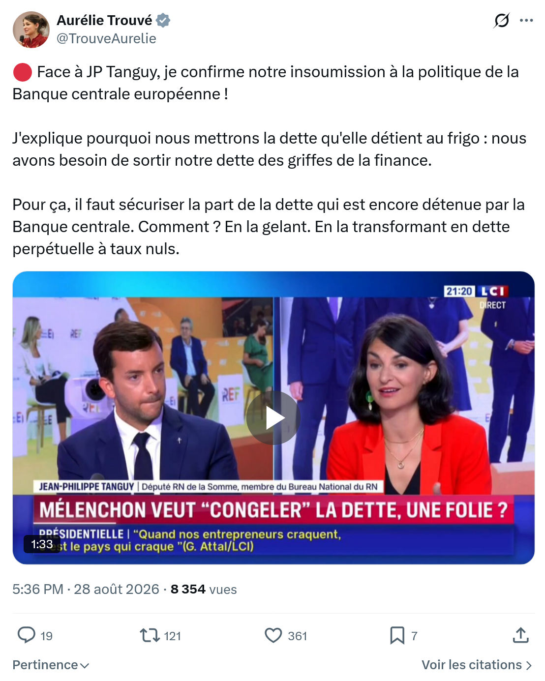Aurélie Trouvé: Face à JP Tanguy, je confirme notre insoumission...