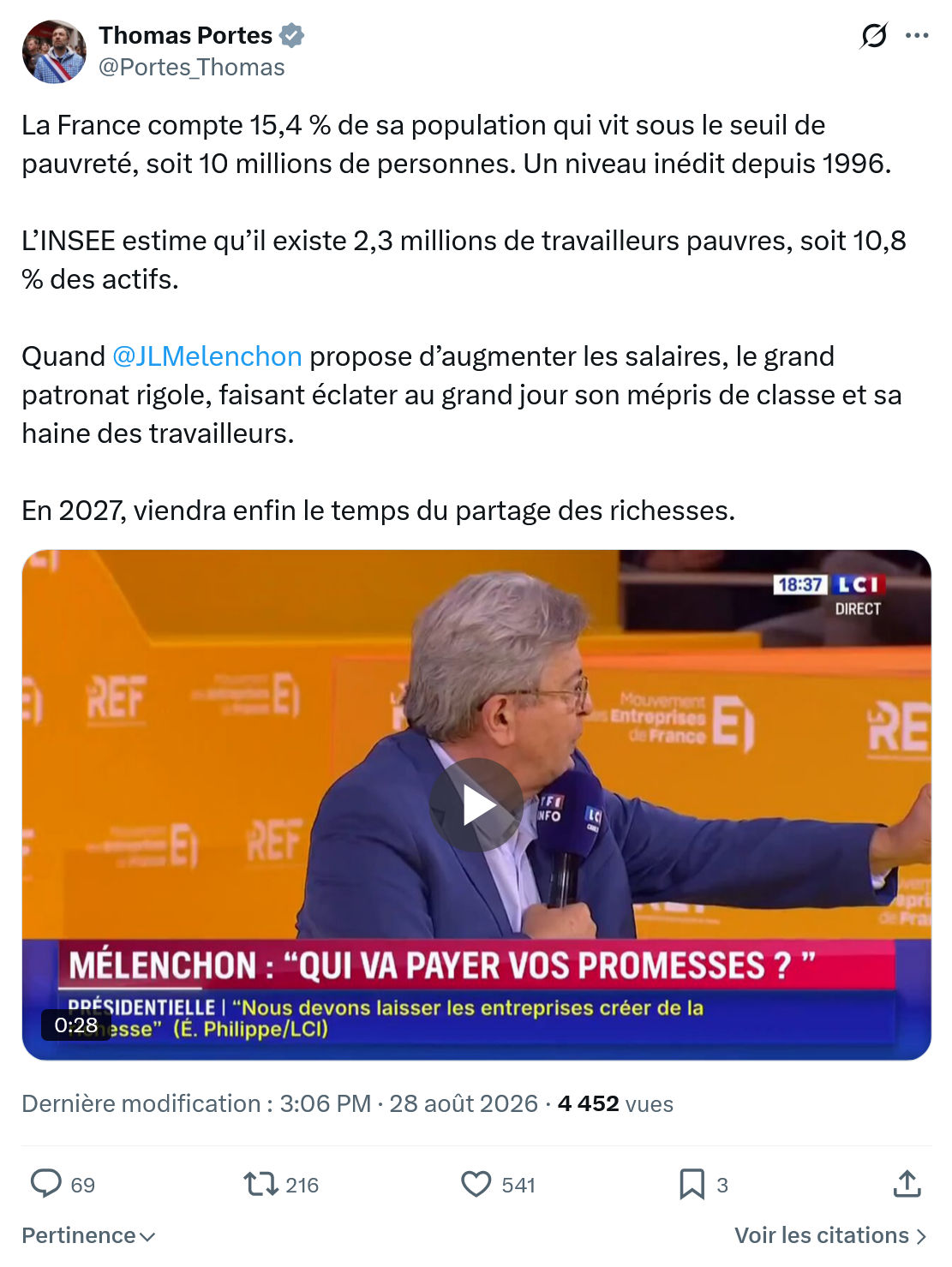 Thomas Portes: La France compte 15,4 % de sa population...