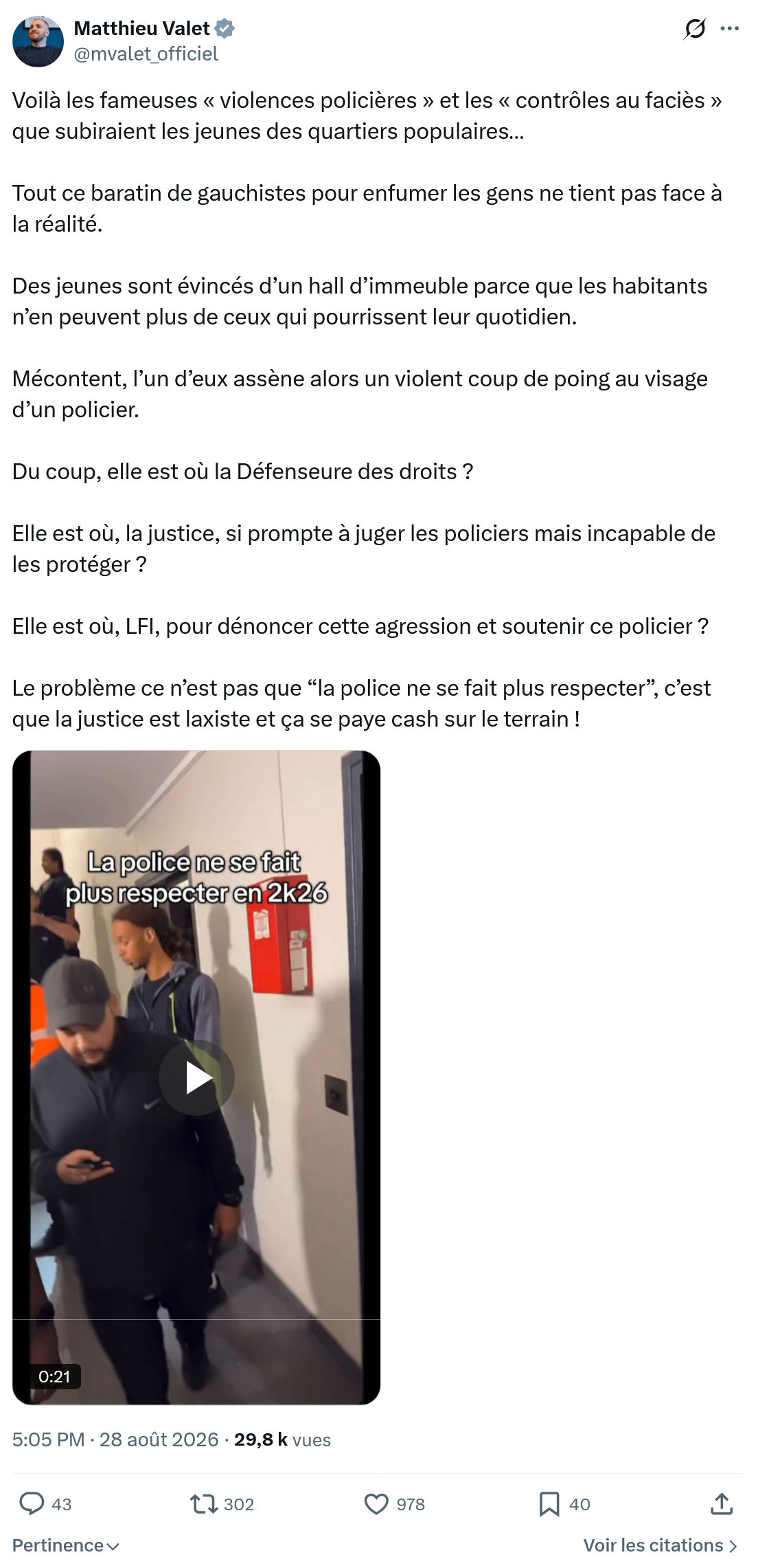 Matthieu Valet: Voilà les fameuses « violences policières »...