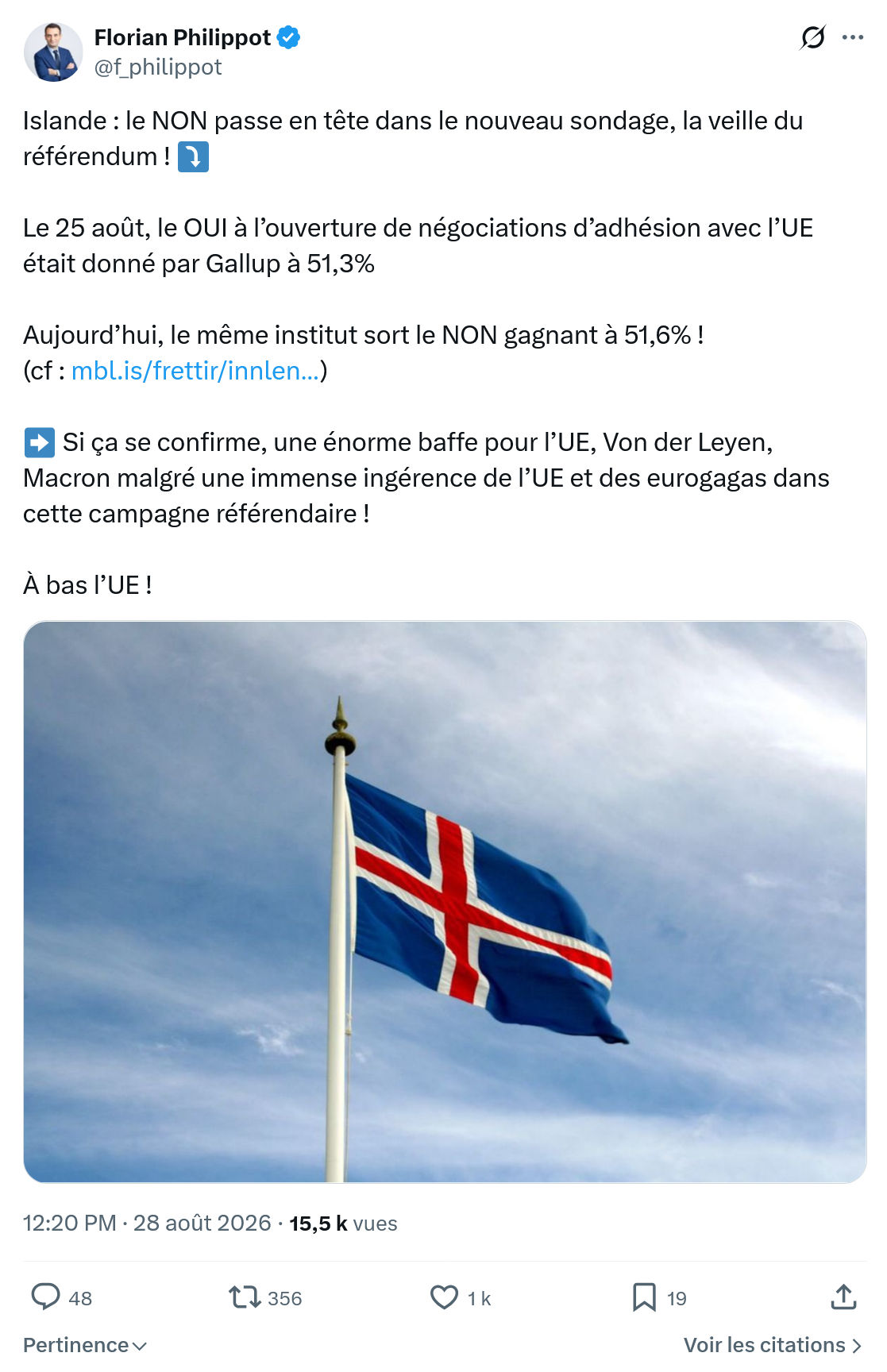 Florian Philippot: Islande : le NON passe en tête...