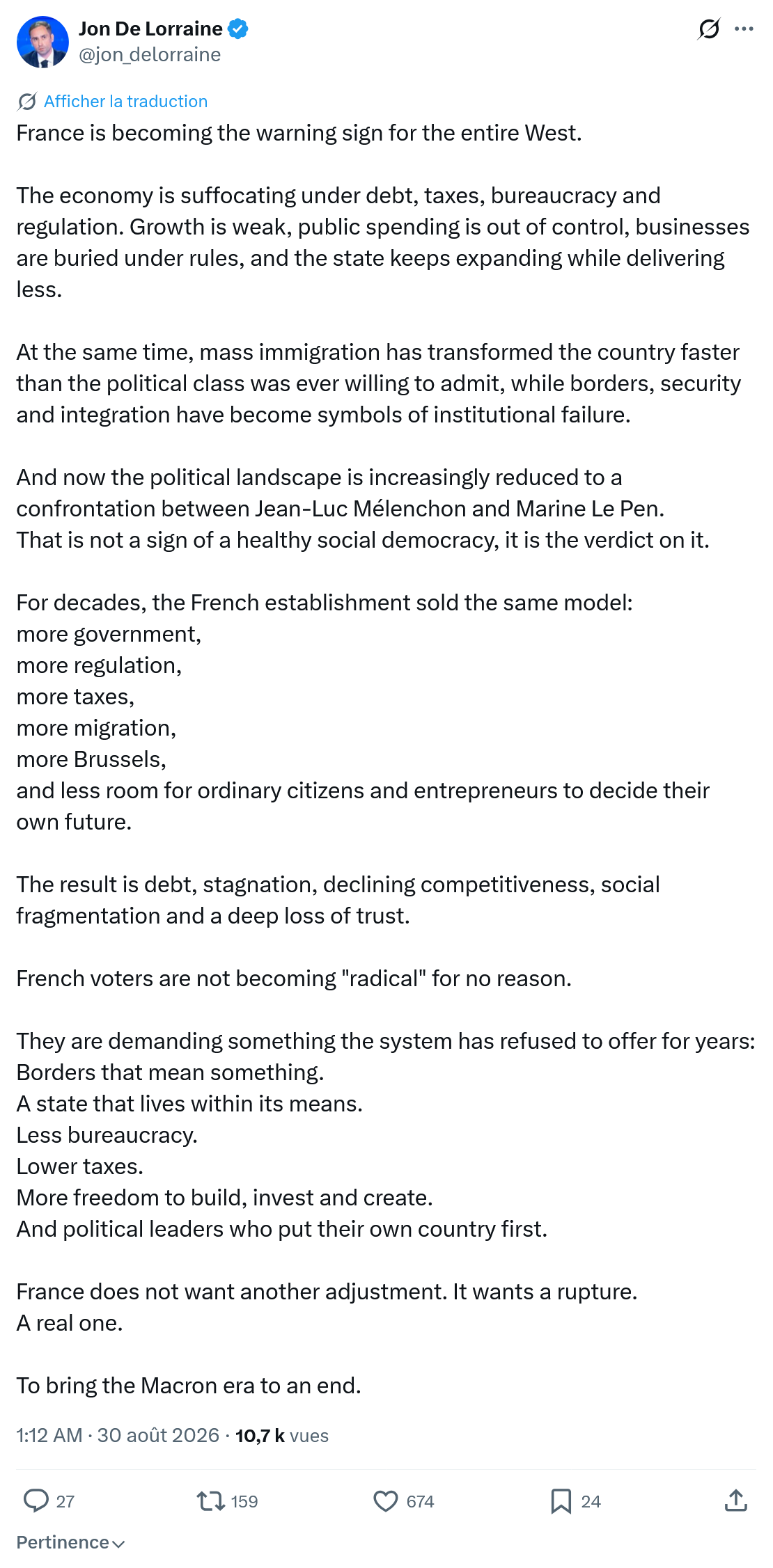 Jon De Lorraine: France is becoming the warning...