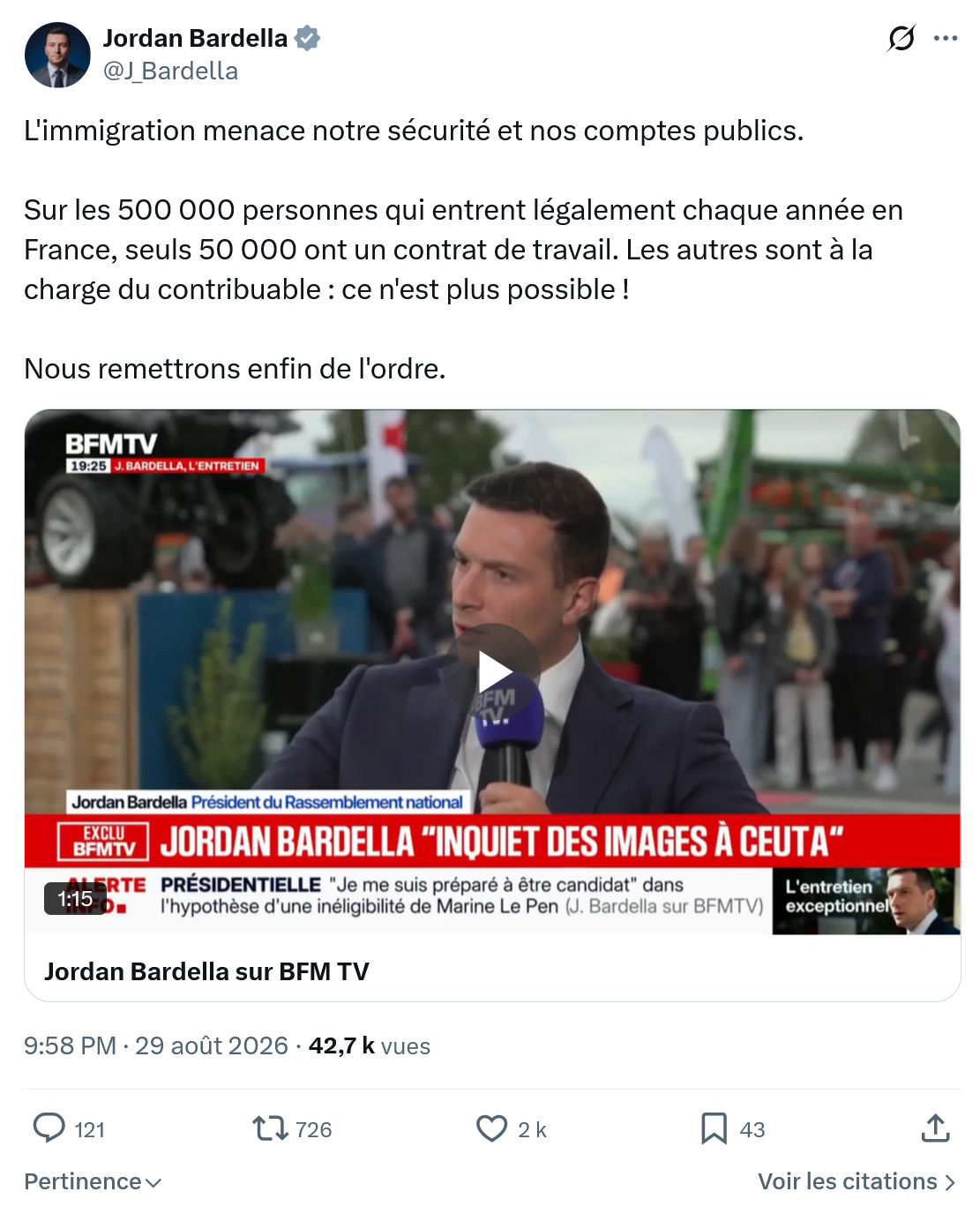 Jordan Bardella: L'immigration menace notre...
