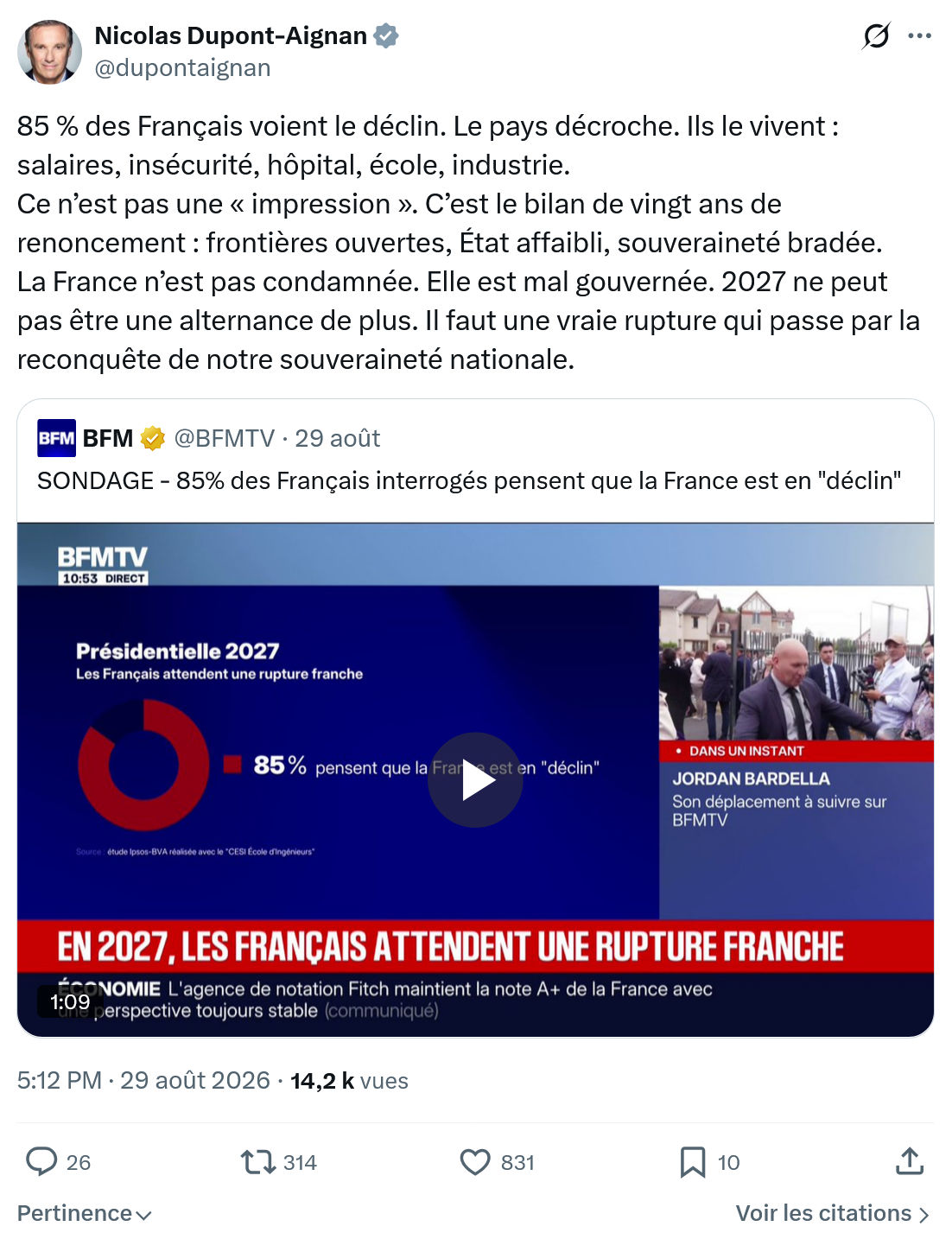 Nicolas Dupont-Aignan: 85 % des Français voient le déclin...
