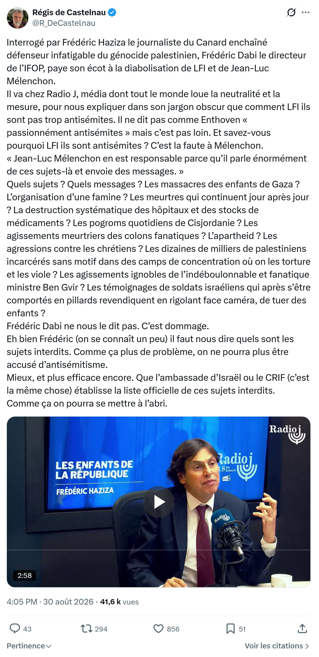 Régis de Castelnau: Interrogé par Frédéric Haziza...