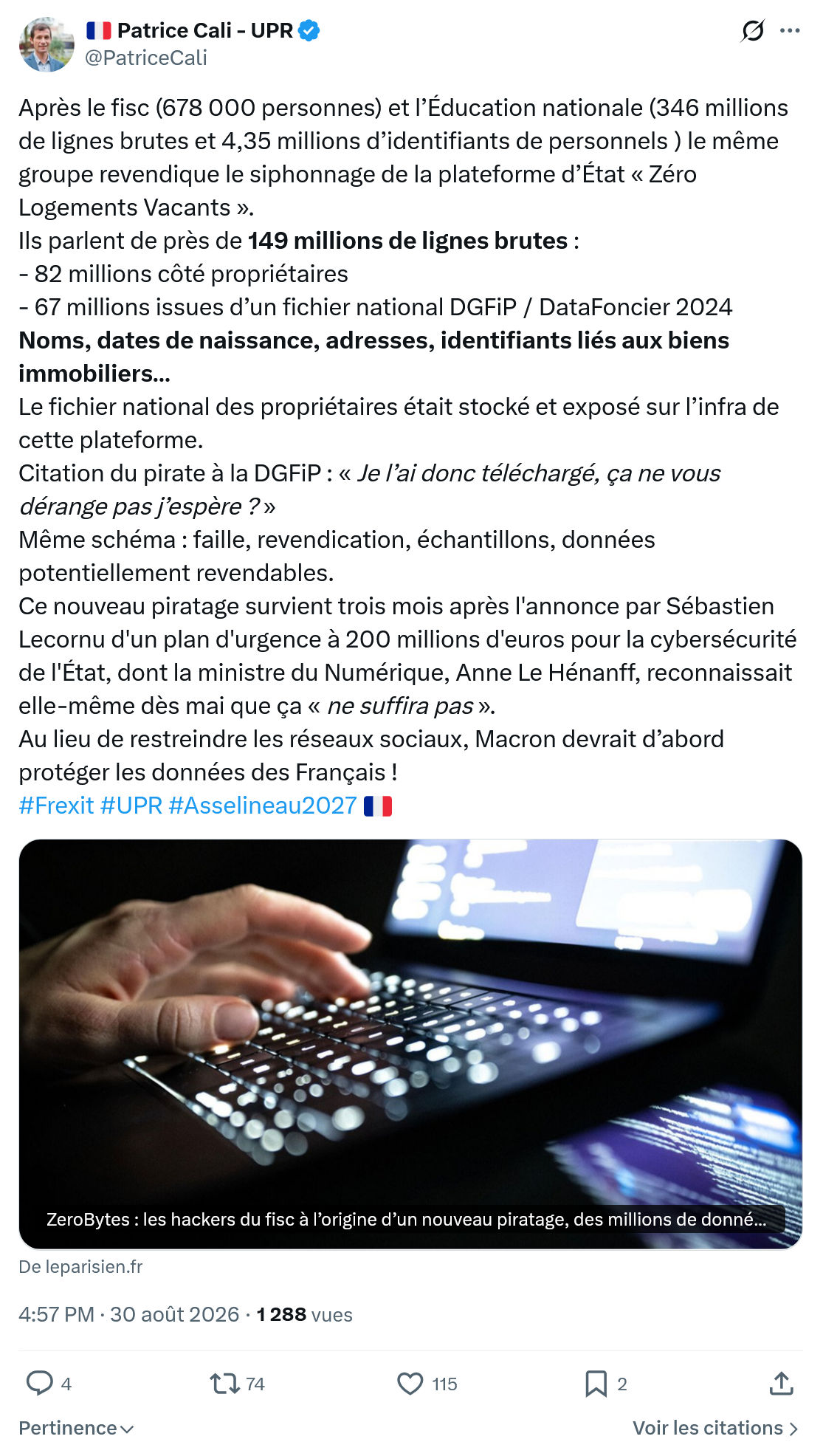 Patrice Cali: Après le fisc (678 000 personnes)...