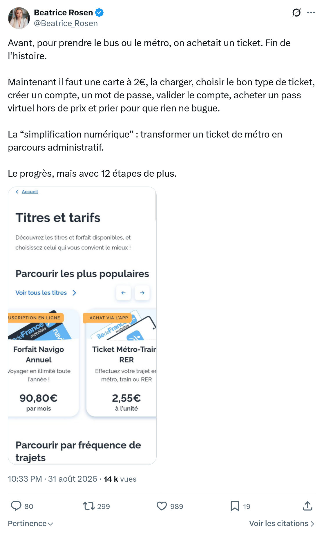 Béatrice Rosen: Avant, pour prendre le bus ou le métro...