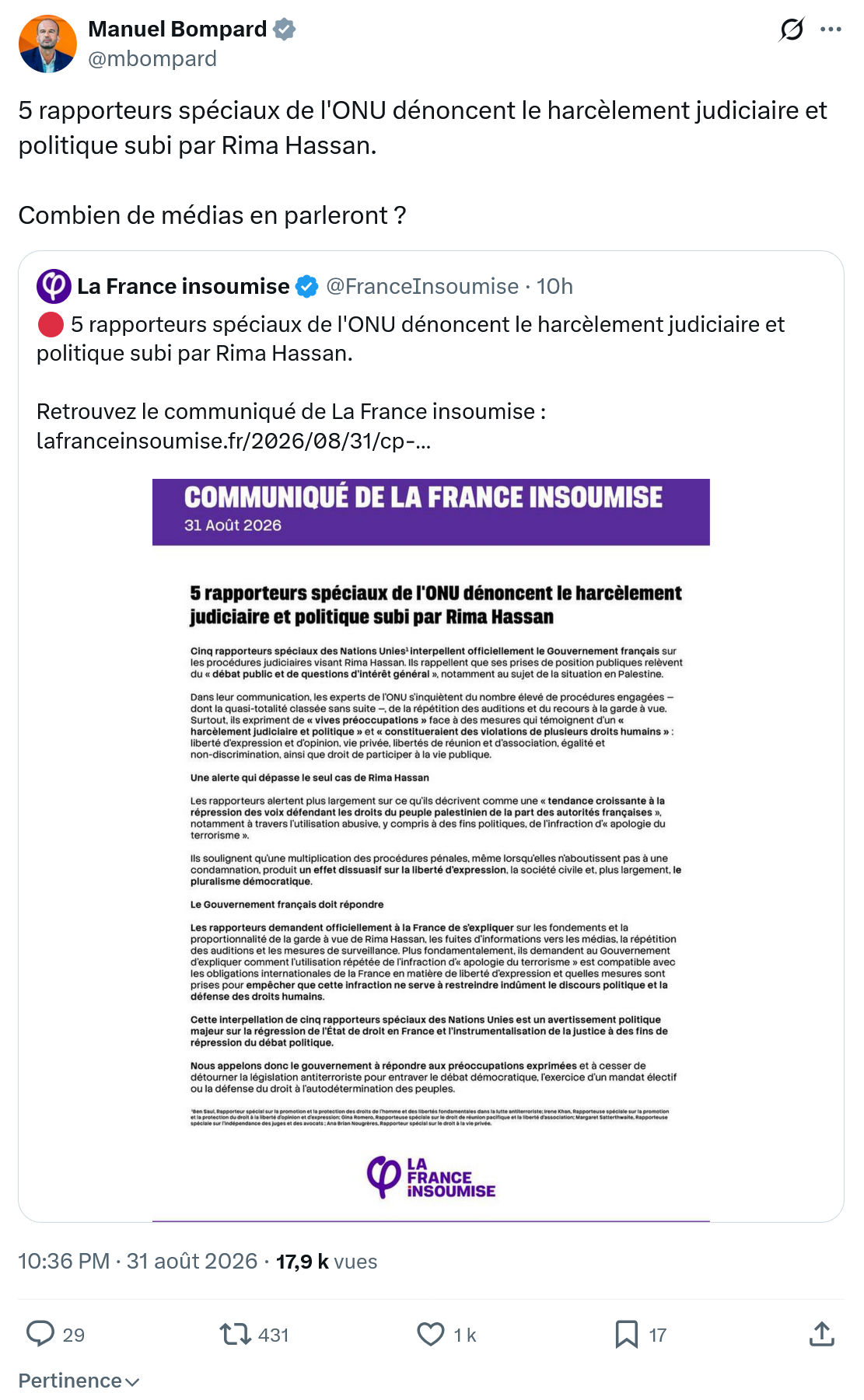 Manuel Bompard: 5 rapporteurs spéciaux de l'ONU...