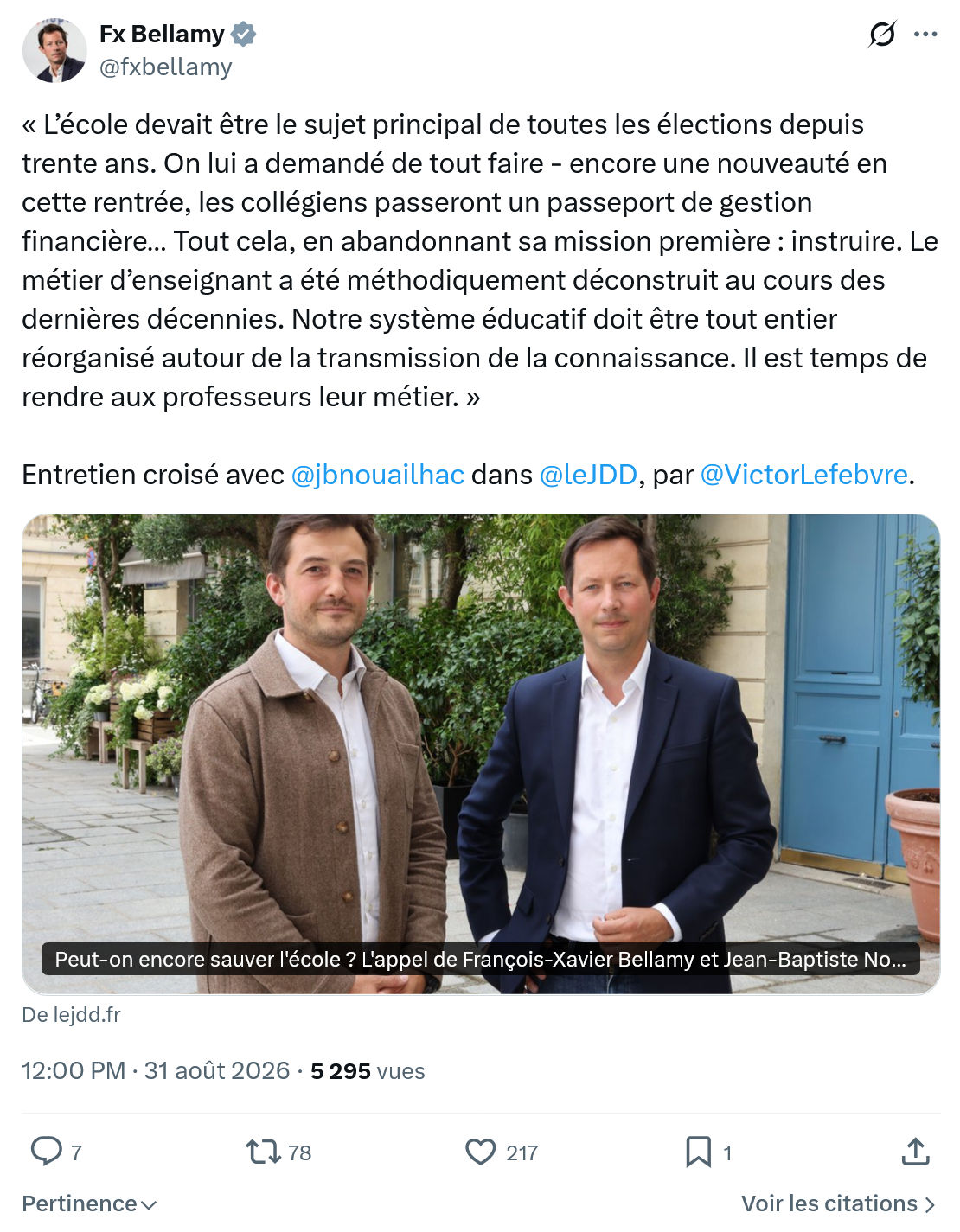 Fx Bellamy: « L’école devait être le sujet principal...