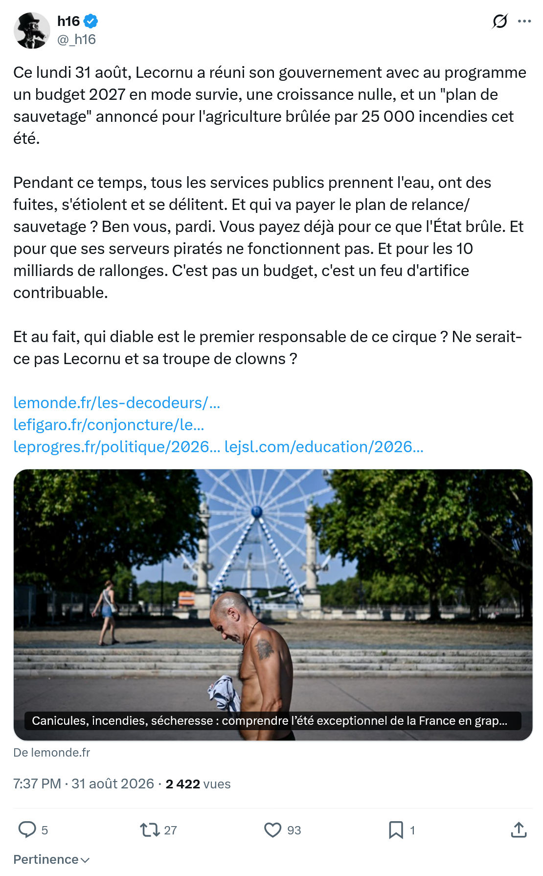 h16: Ce lundi 31 août, Lecornu...