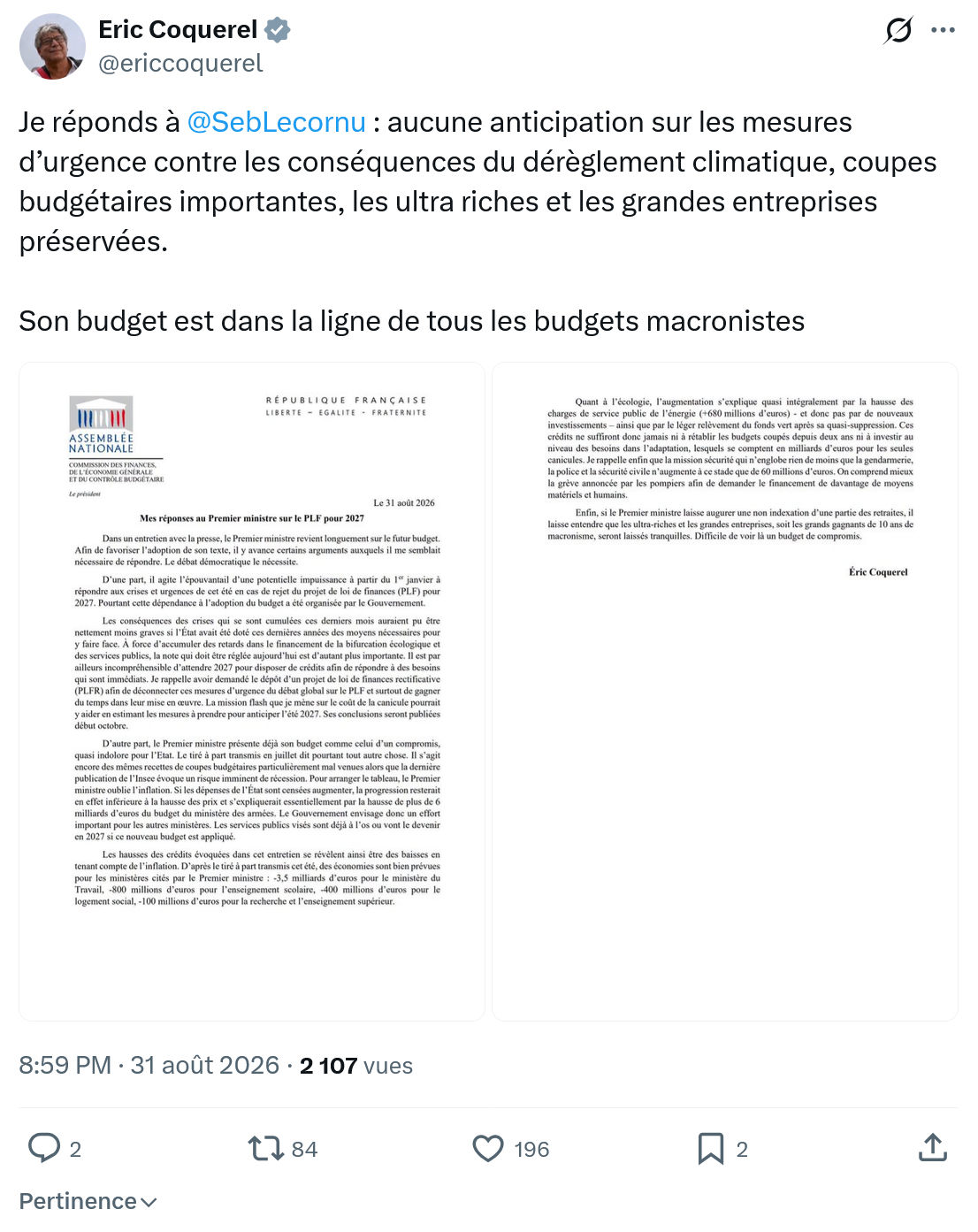 Eric Coquerel: Je réponds à @SebLecornu...