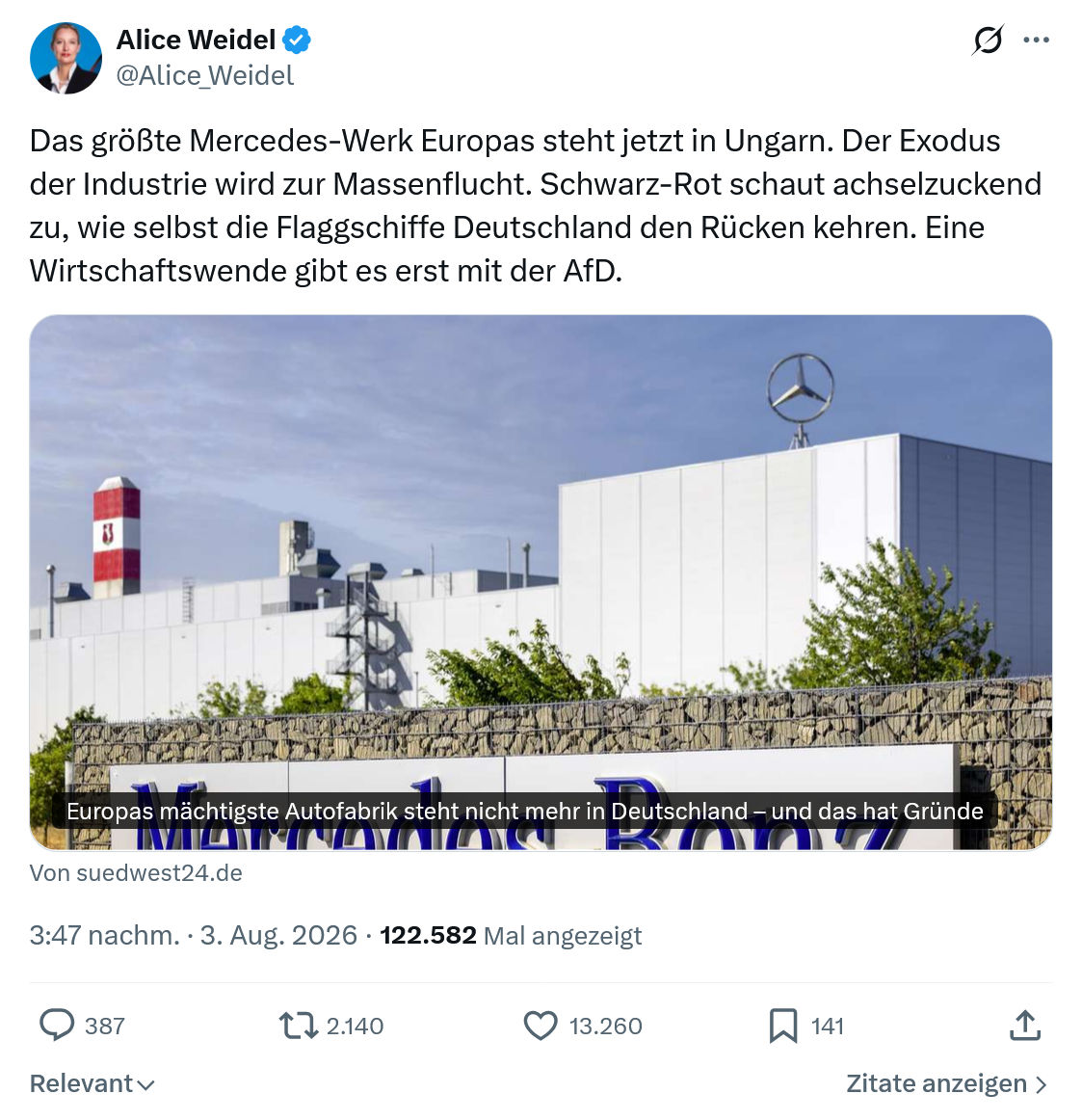 Alice Weidel: Das größte Mercedes-Werk...