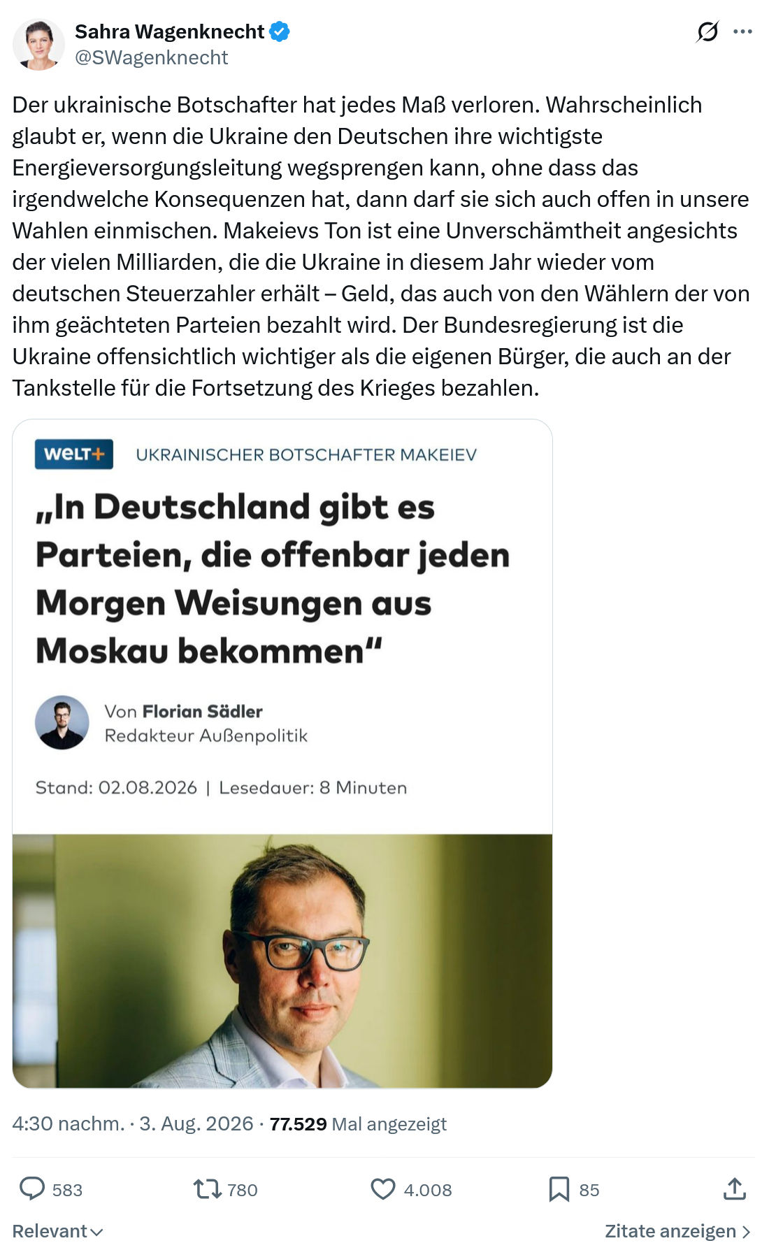 Sahra Wagenknecht: Der ukrainische Botschafter...