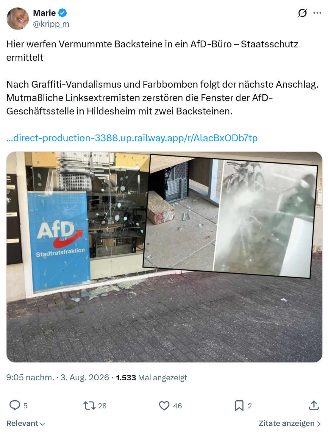 Marie kripp: Hier werfen Vermummte Backsteine...
