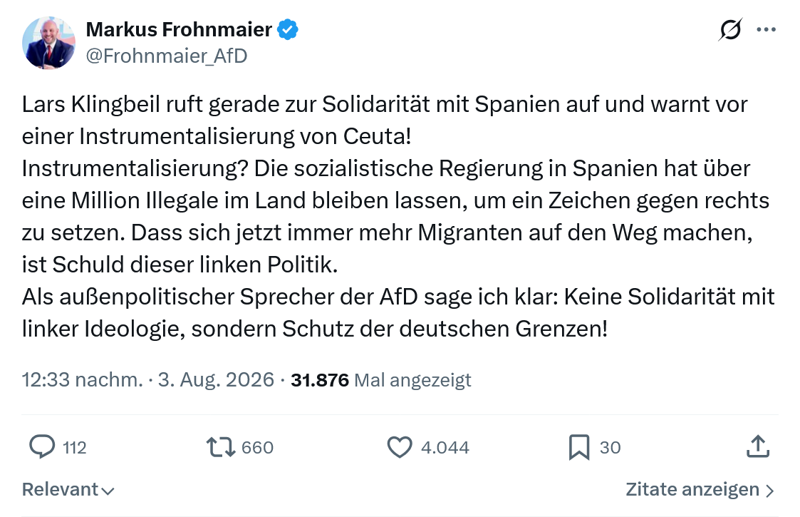 Markus Frohnmaier: Lars Klingbeil ruft gerade zur Solidarität...
