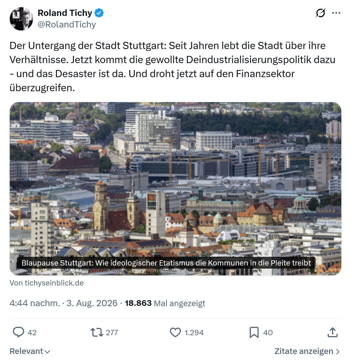 Roland Tichy: Der Untergang der Stadt Stuttgart...