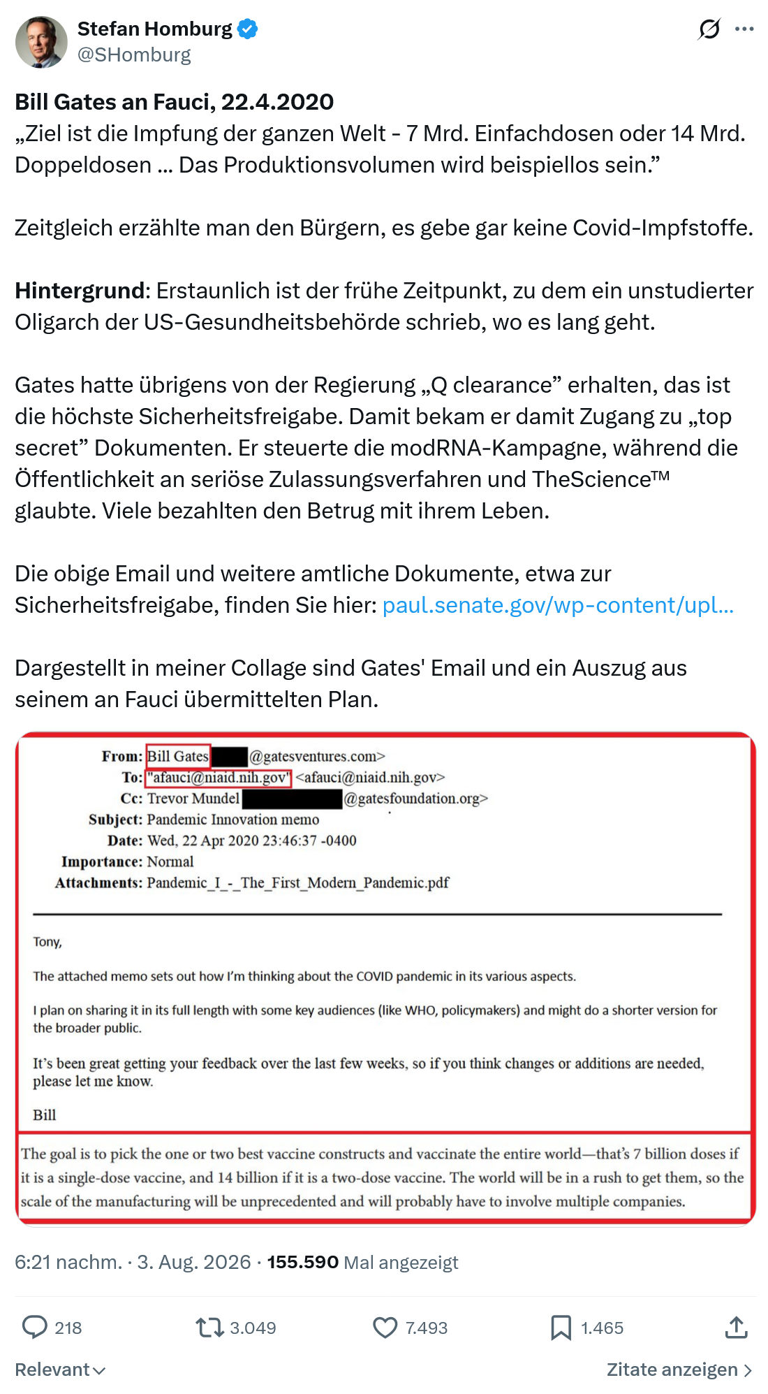 Stefan Homburg: Bill Gates an Fauci, 22.4.2020...