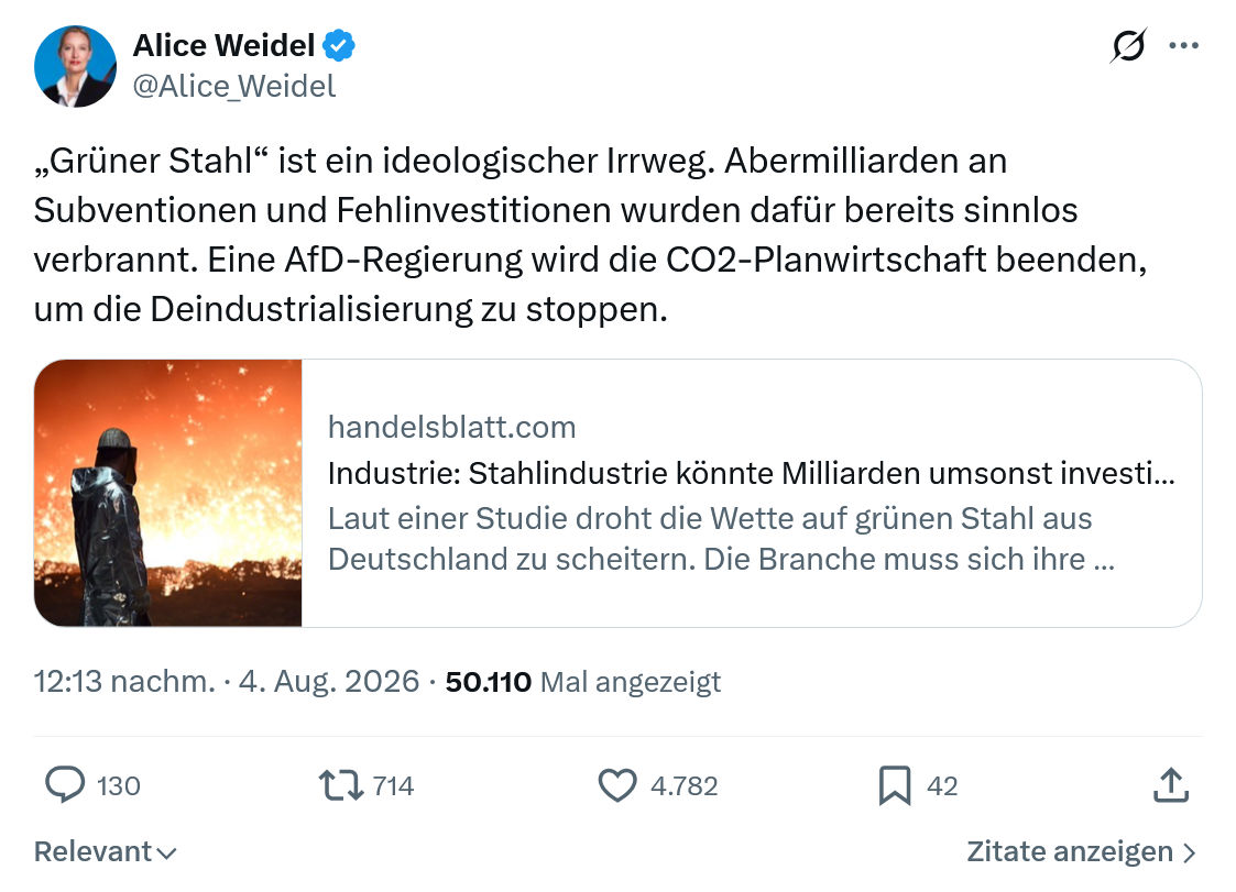 Alice Weidel: „Grüner Stahl“ ist ein ideologischer Irrweg...